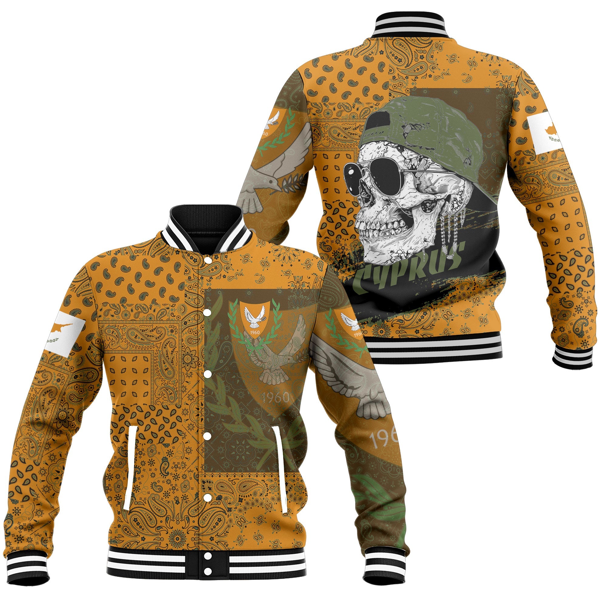 Cyprus Baseball Jacket Paisley Flag And Skull Style 1