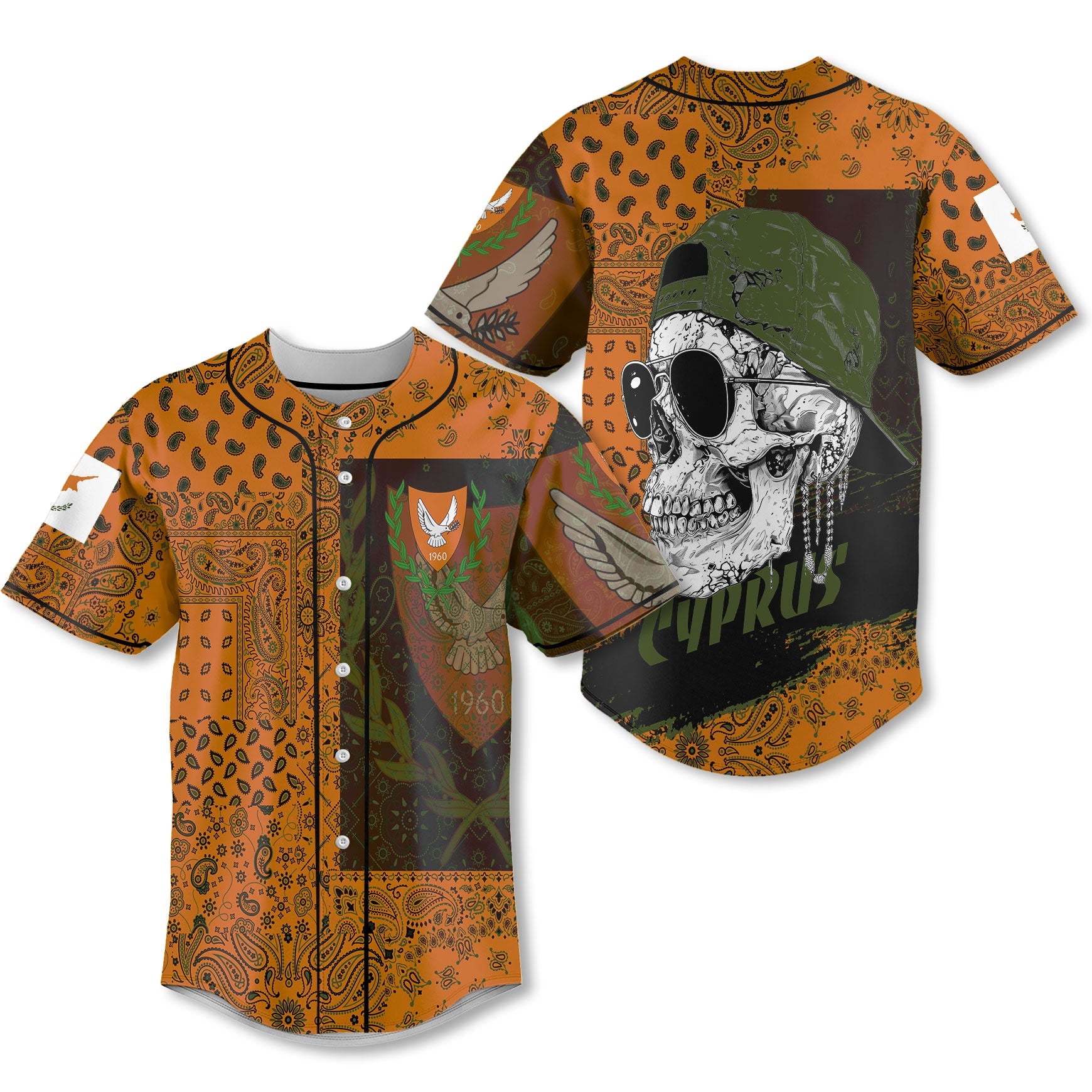 Cyprus Baseball Jersey Paisley Flag And Skull Style 1