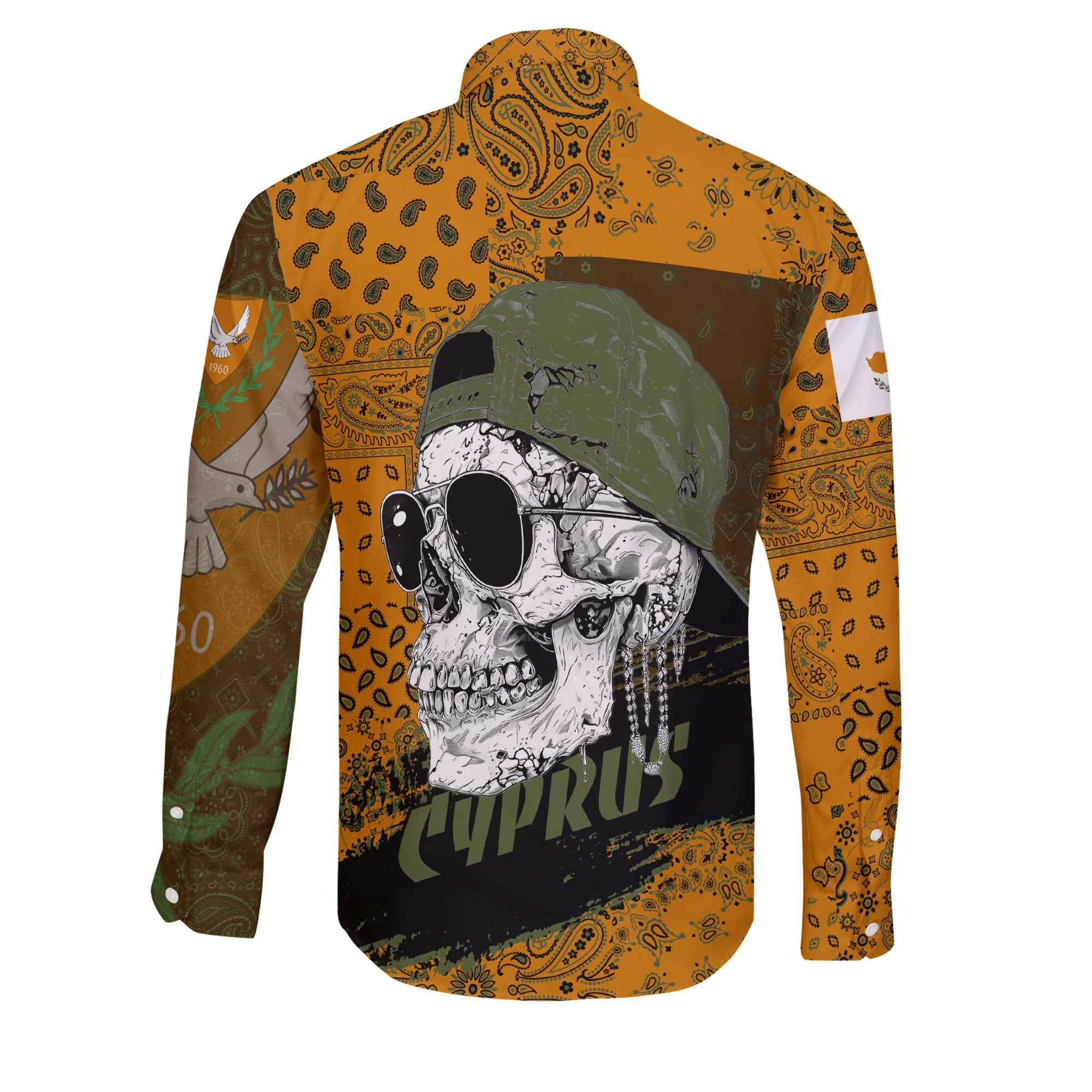 Cyprus Long Sleeve Button Shirt Paisley Flag And Skull Style 2