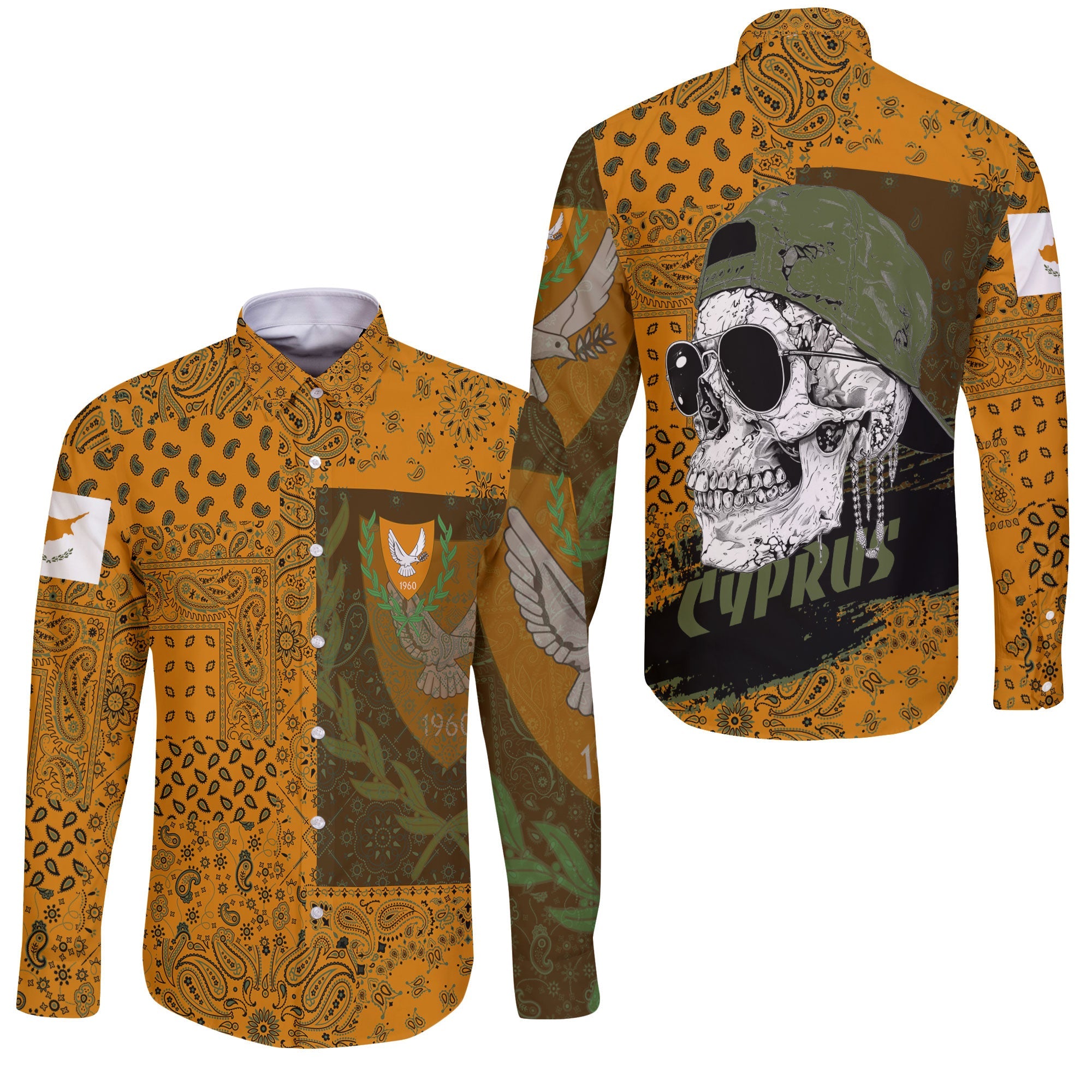 Cyprus Long Sleeve Button Shirt Paisley Flag And Skull Style 3