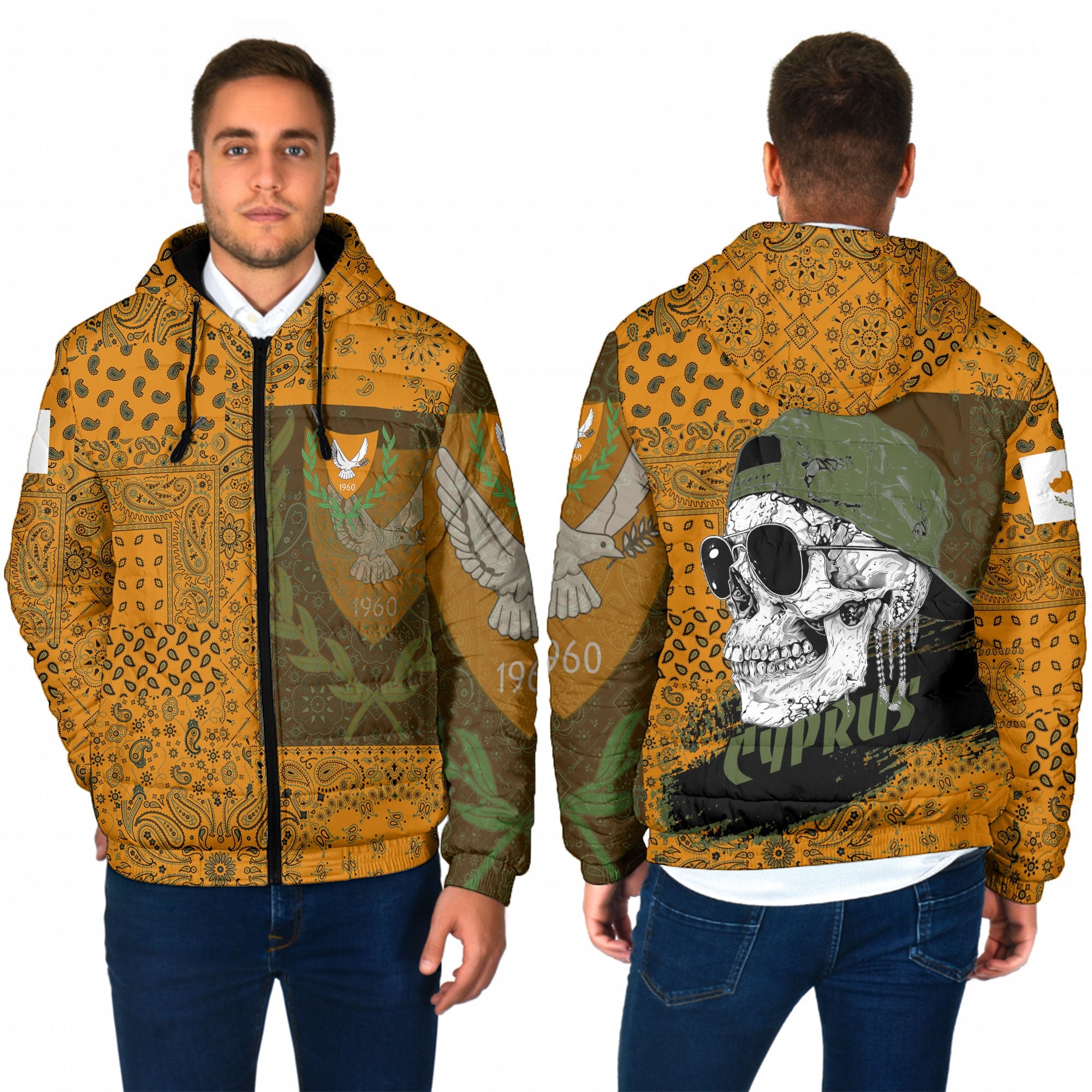 Cyprus Men Hooded Padded Jacket Paisley Flag And Skull Style 1