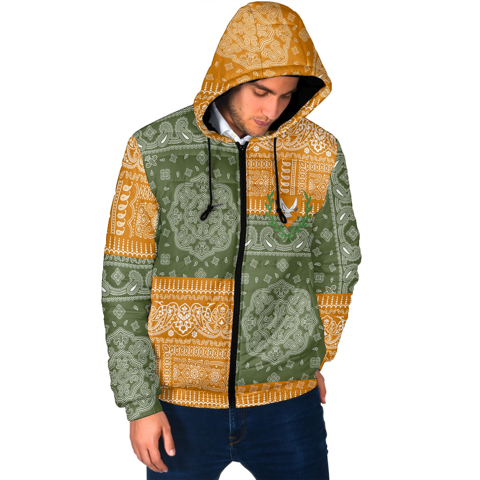 Cyprus Men Hooded Padded Jacket Flag And Paisley Basic Style 2