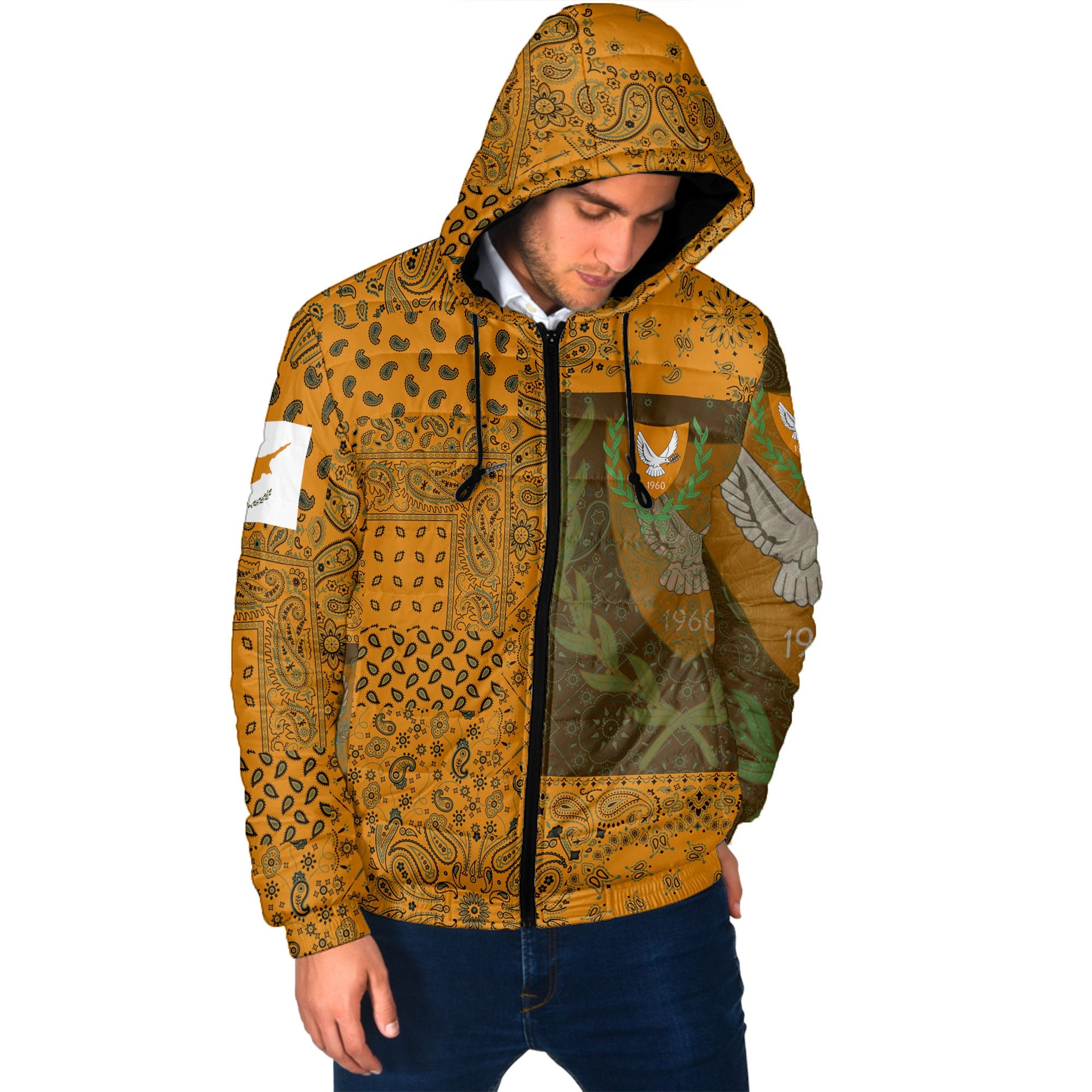 Cyprus Men Hooded Padded Jacket Paisley Flag And Skull Style 2