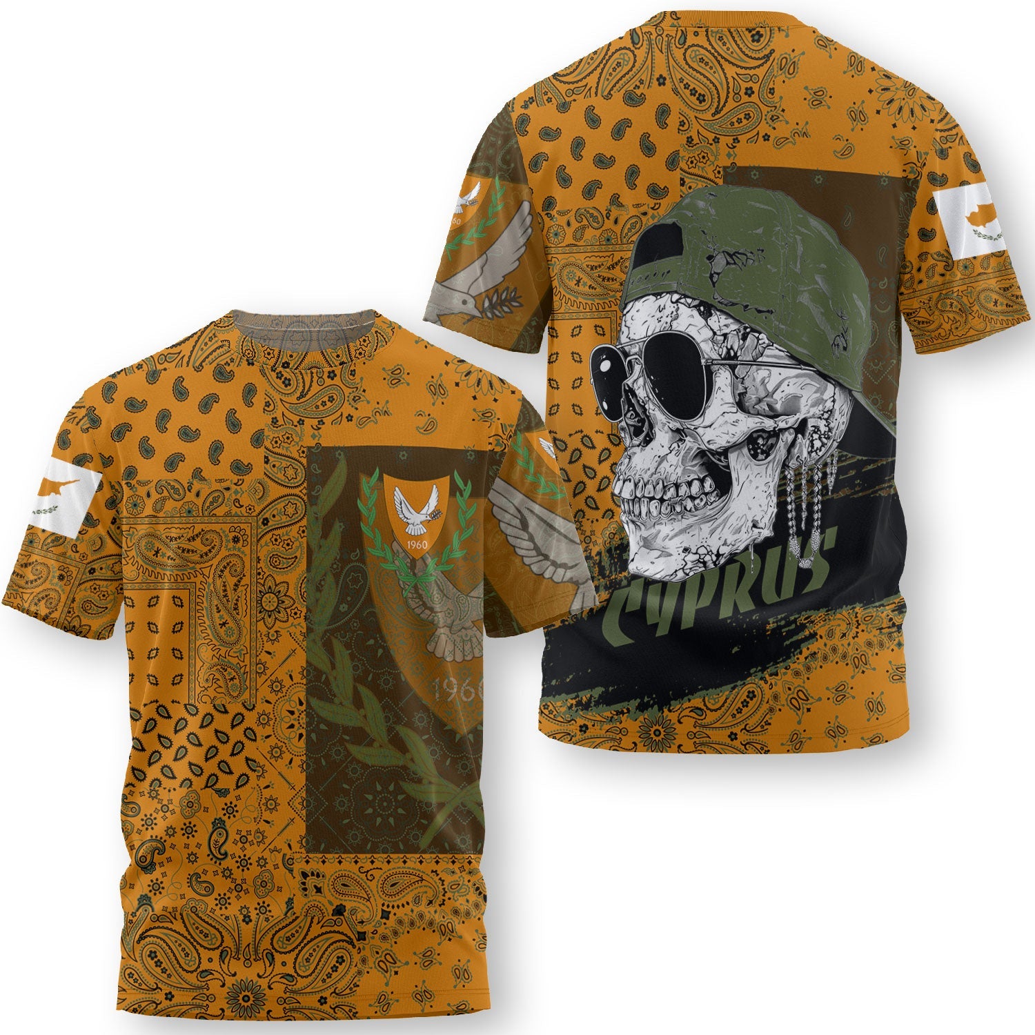 Cyprus T Shirt Paisley Flag And Skull Style 3