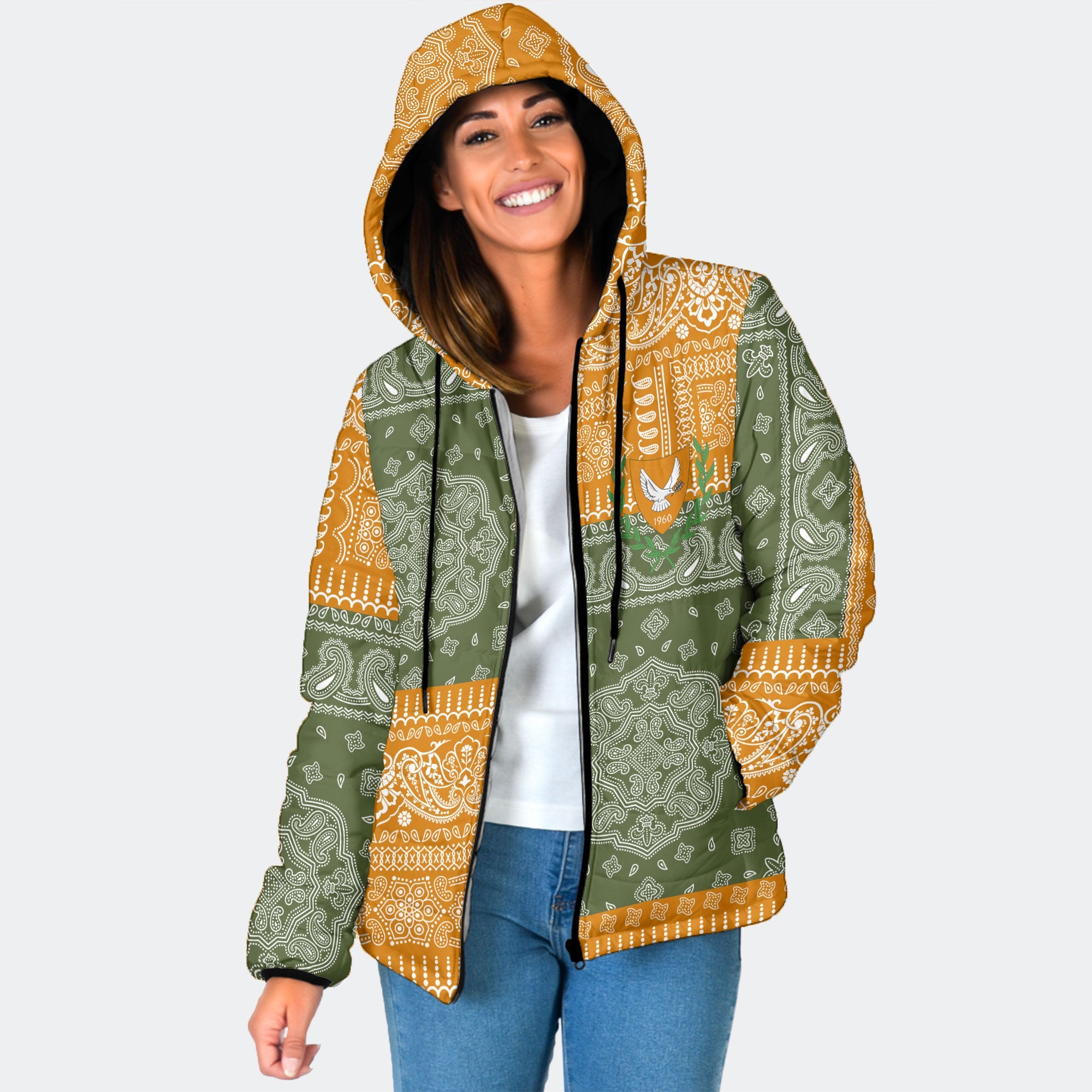 Cyprus Women Hooded Padded Jacket Flag And Paisley Basic Style 1