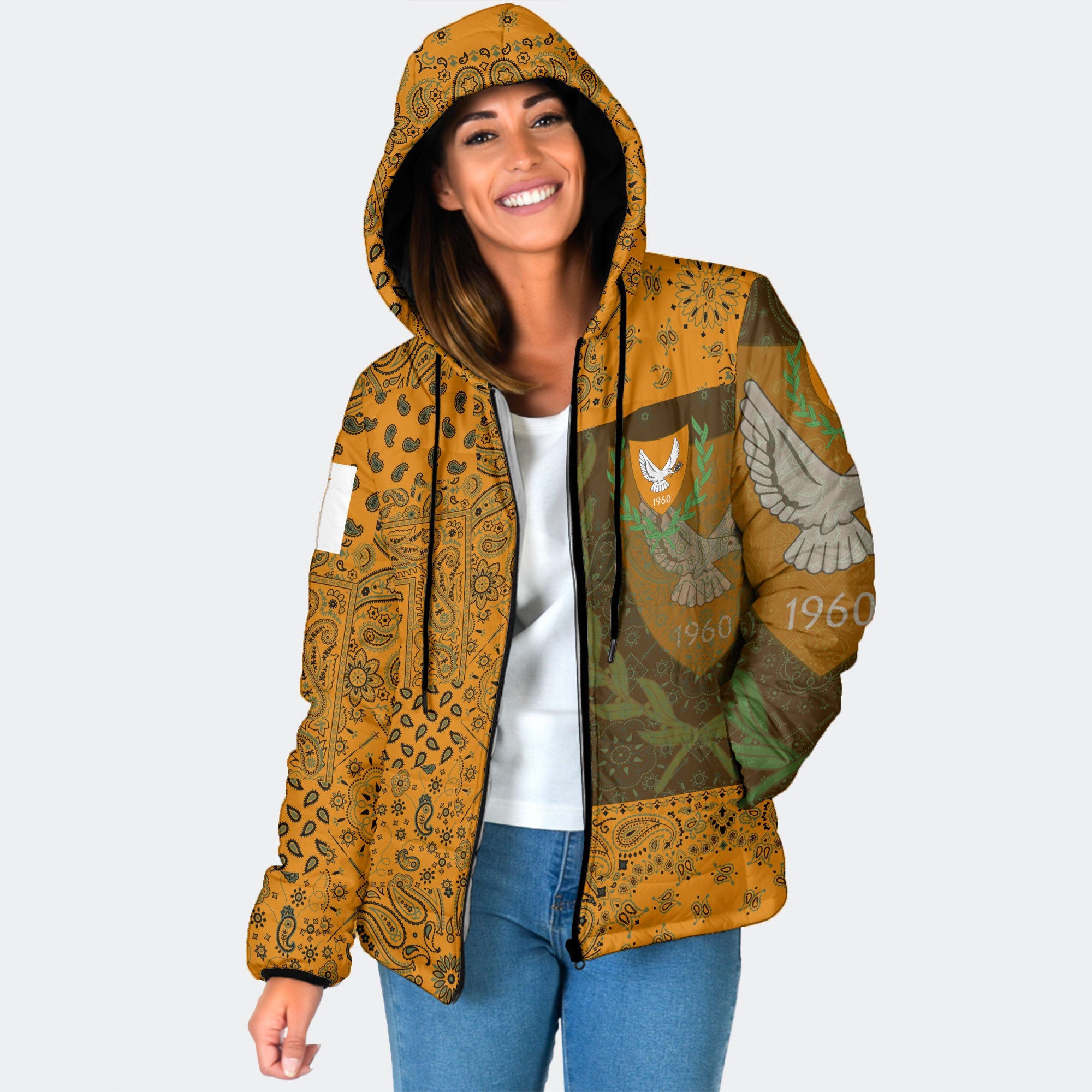 Cyprus Women Hooded Padded Jacket Paisley Flag And Skull Style 1