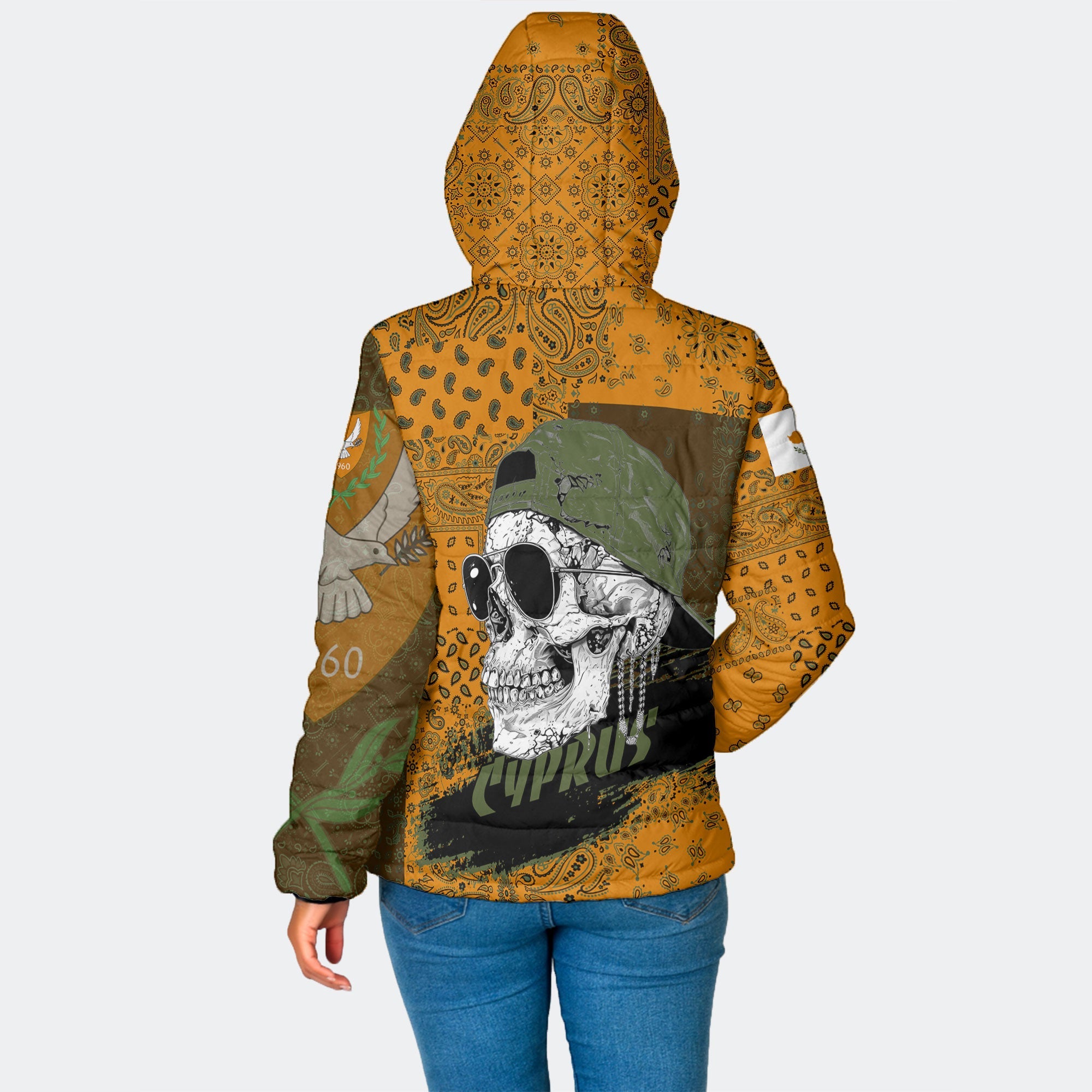 Cyprus Women Hooded Padded Jacket Paisley Flag And Skull Style 2