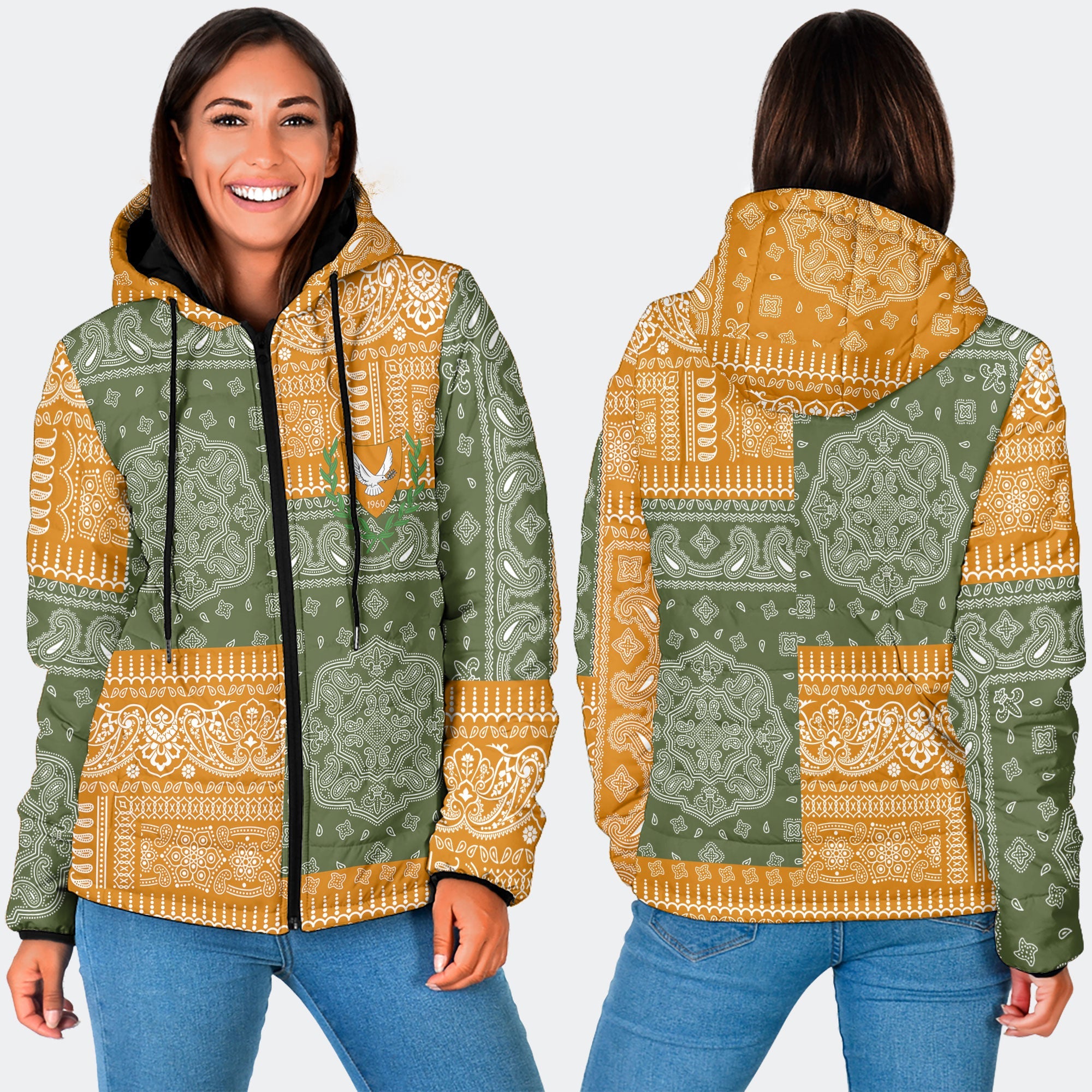 Cyprus Women Hooded Padded Jacket Flag And Paisley Basic Style 3