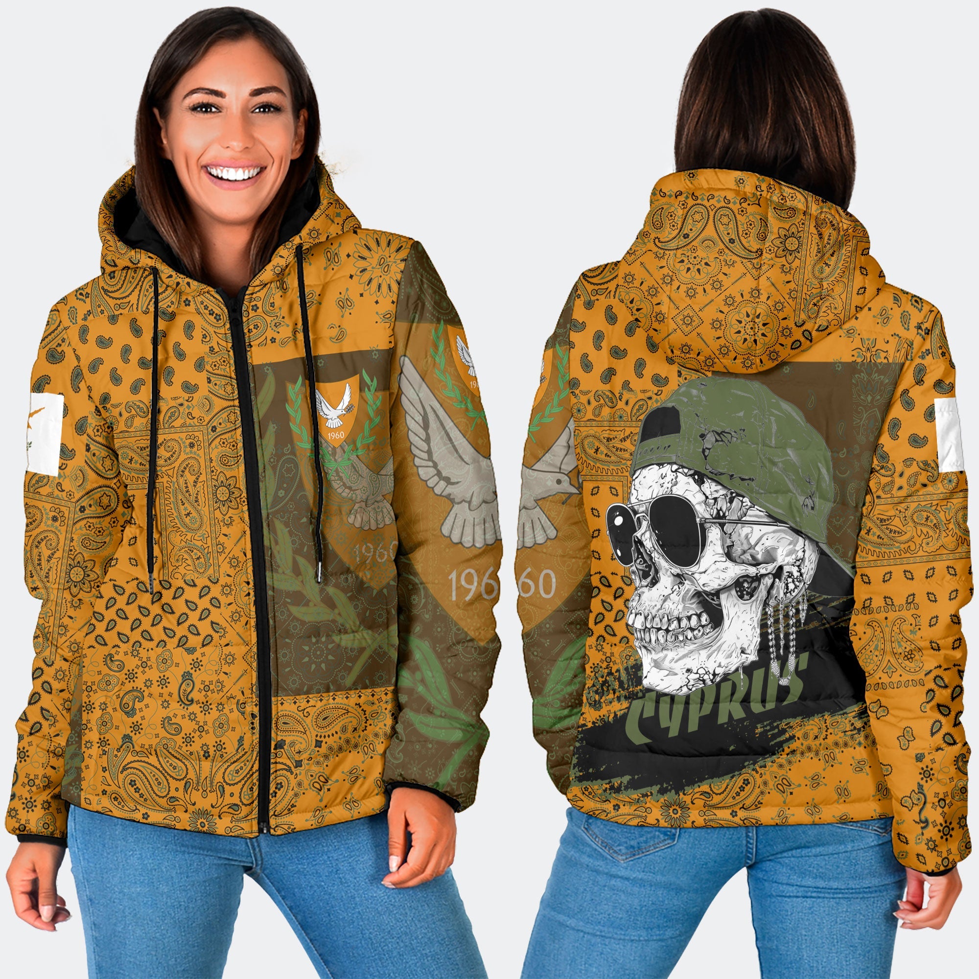 Cyprus Women Hooded Padded Jacket Paisley Flag And Skull Style 3