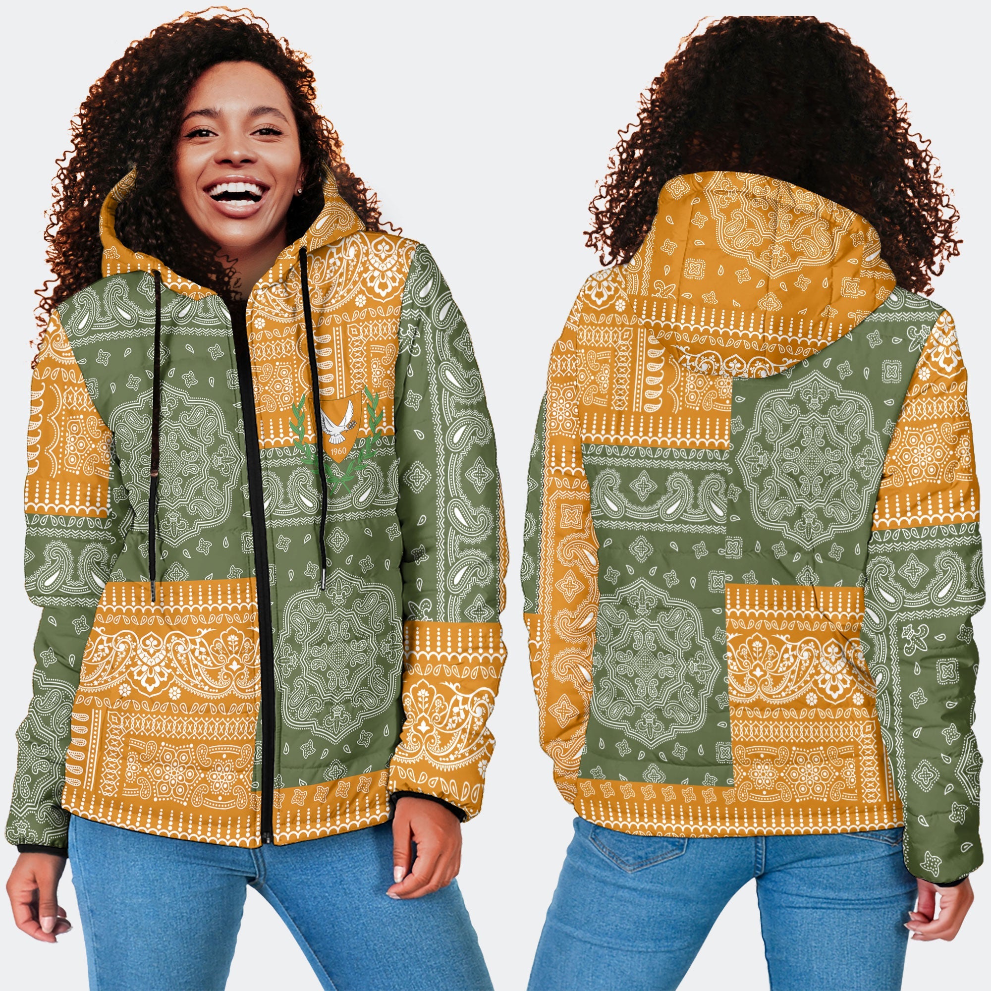 Cyprus Women Hooded Padded Jacket Flag And Paisley Basic Style 4