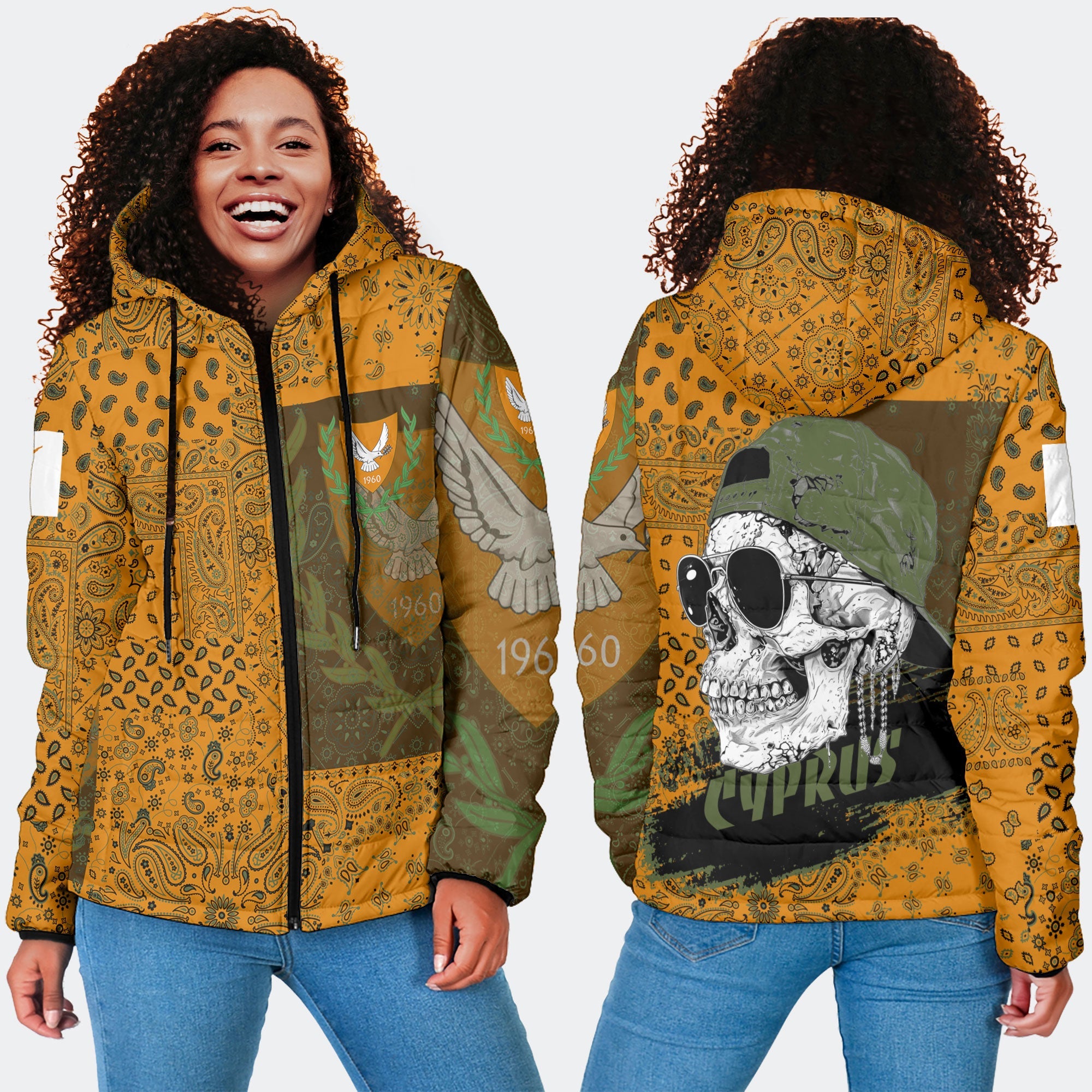 Cyprus Women Hooded Padded Jacket Paisley Flag And Skull Style 4