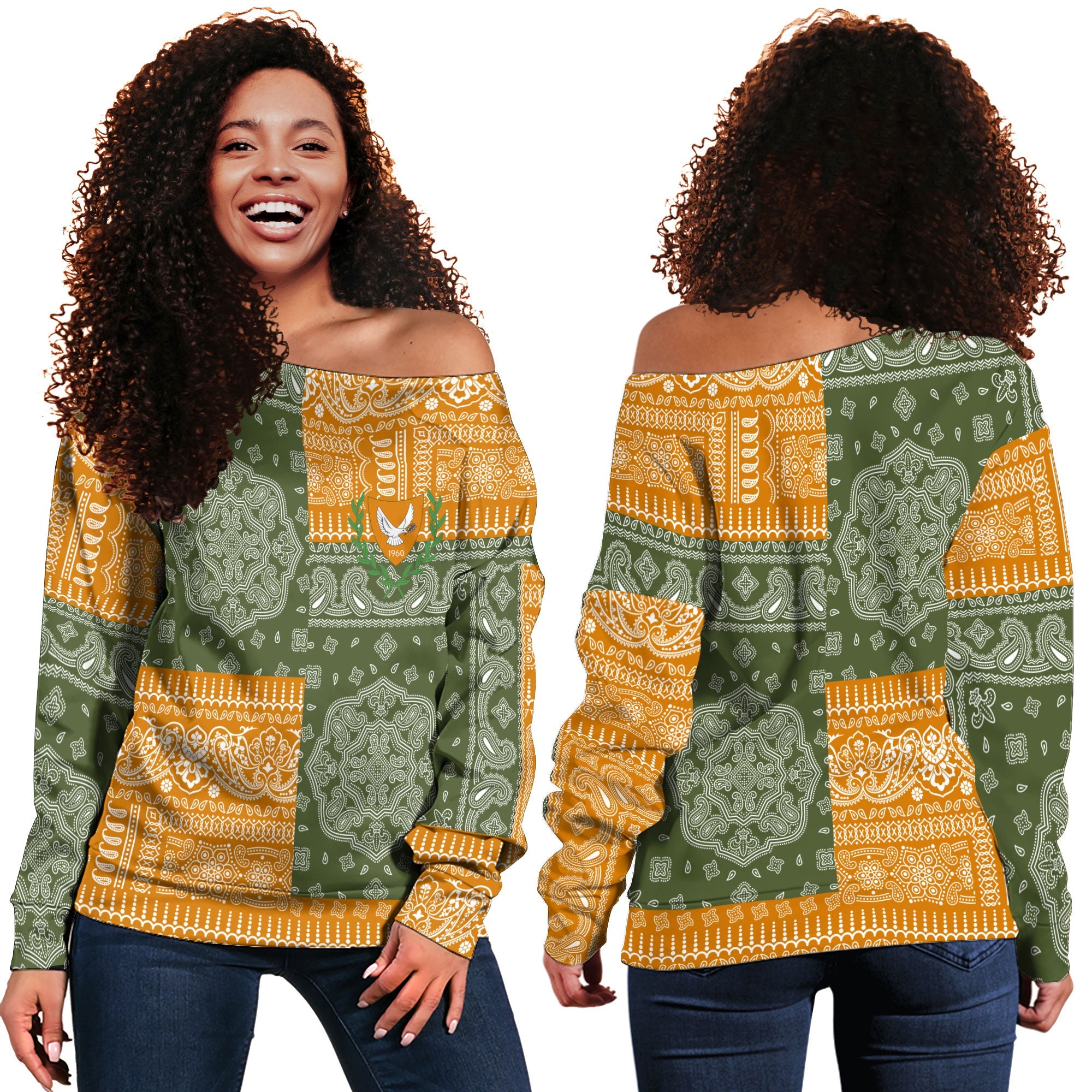 Cyprus Women Off Shoulder Sweatshirt Flag And Paisley Basic Style 1