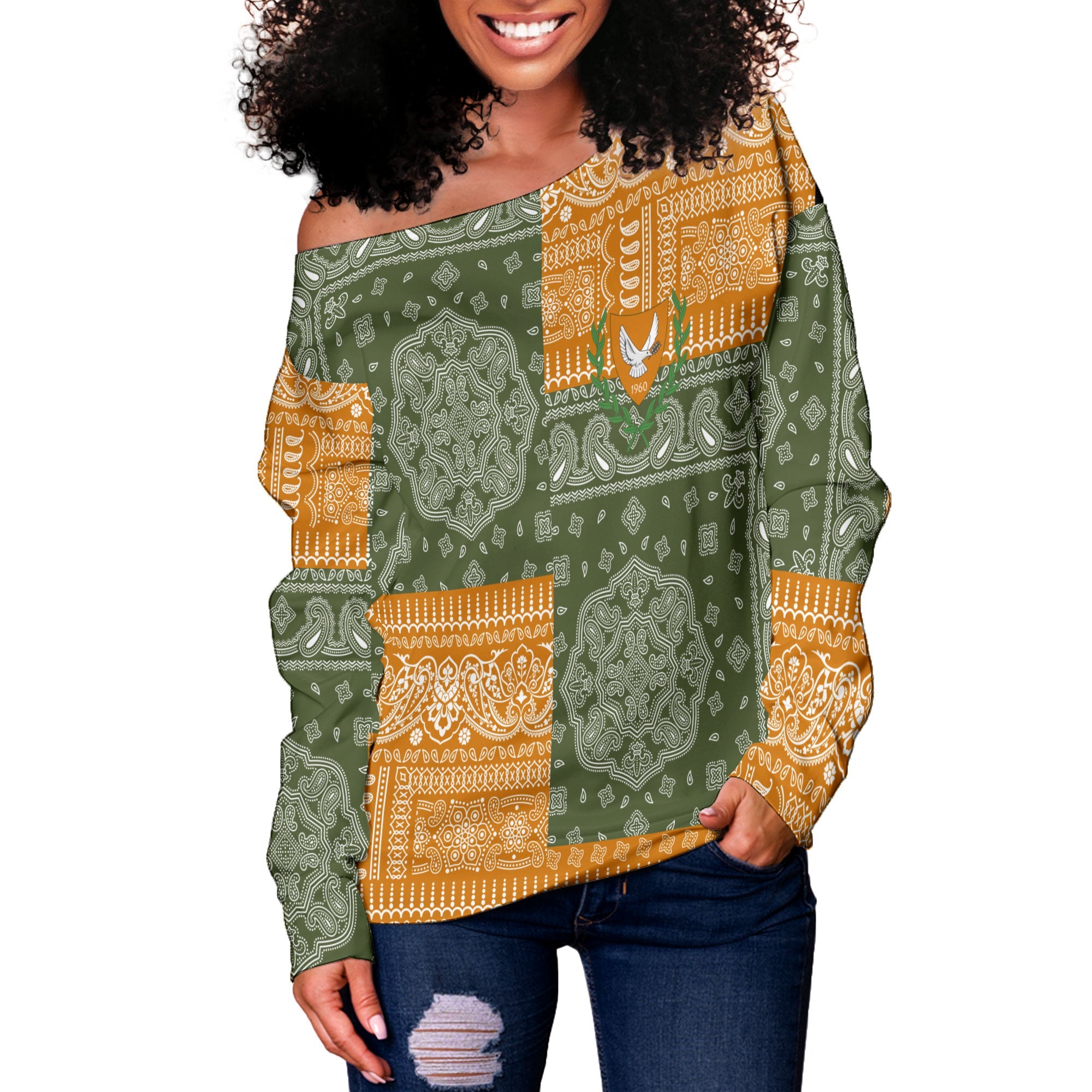 Cyprus Women Off Shoulder Sweatshirt Flag And Paisley Basic Style 2