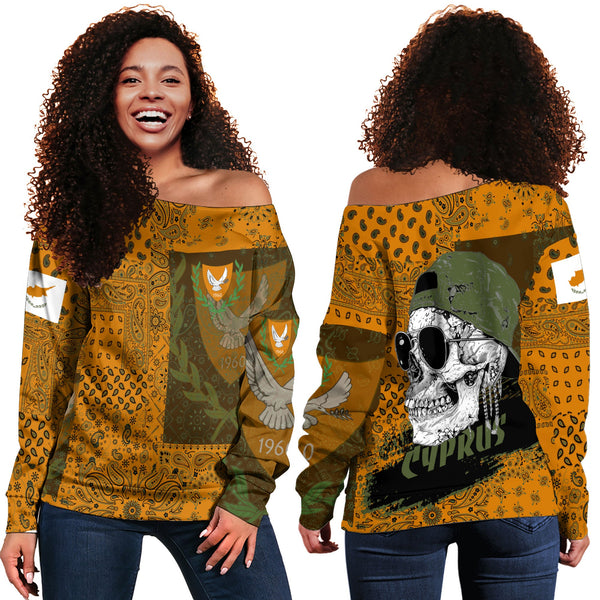 Cyprus Women Off Shoulder Sweatshirt Paisley Flag And Skull Style 1