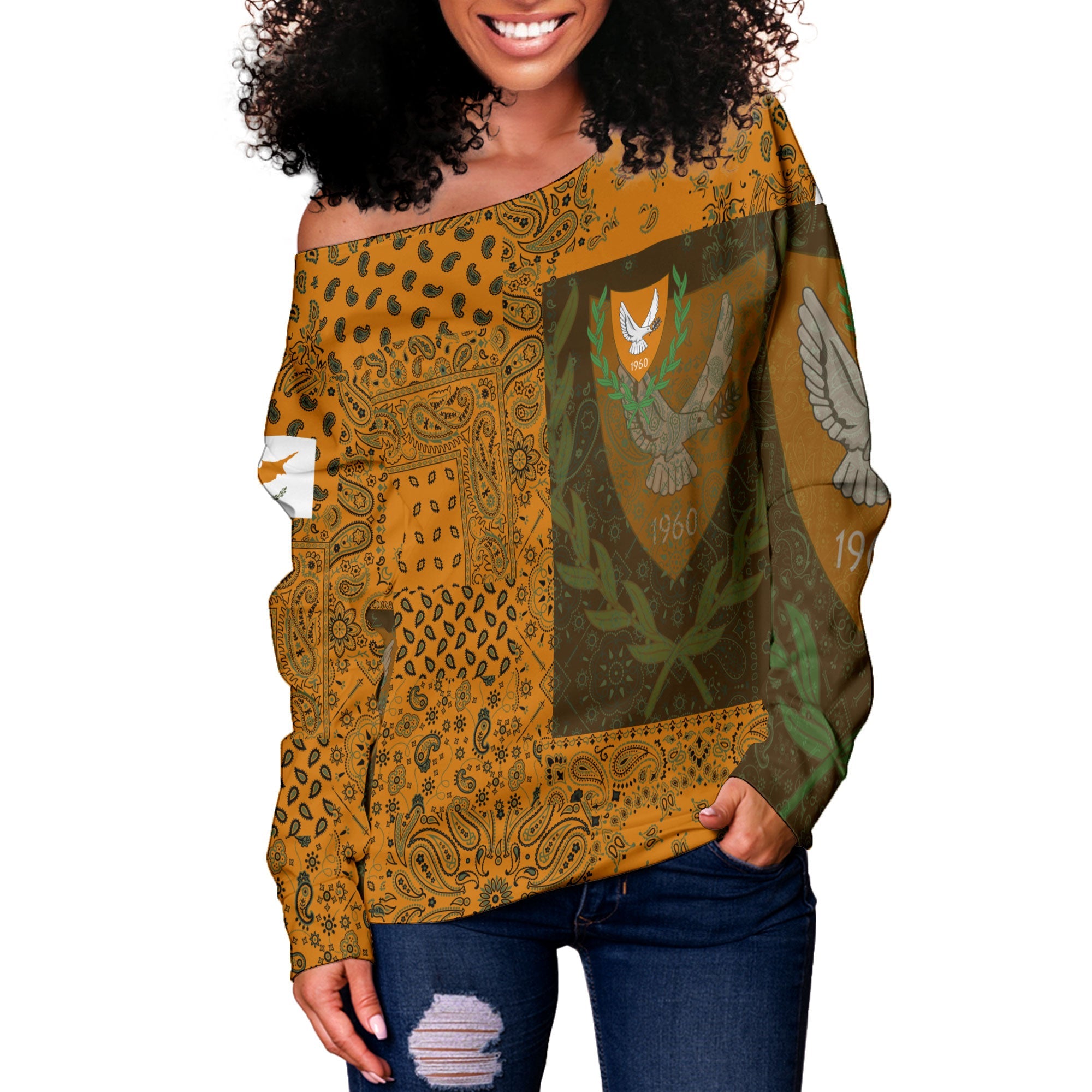 Cyprus Women Off Shoulder Sweatshirt Paisley Flag And Skull Style 2