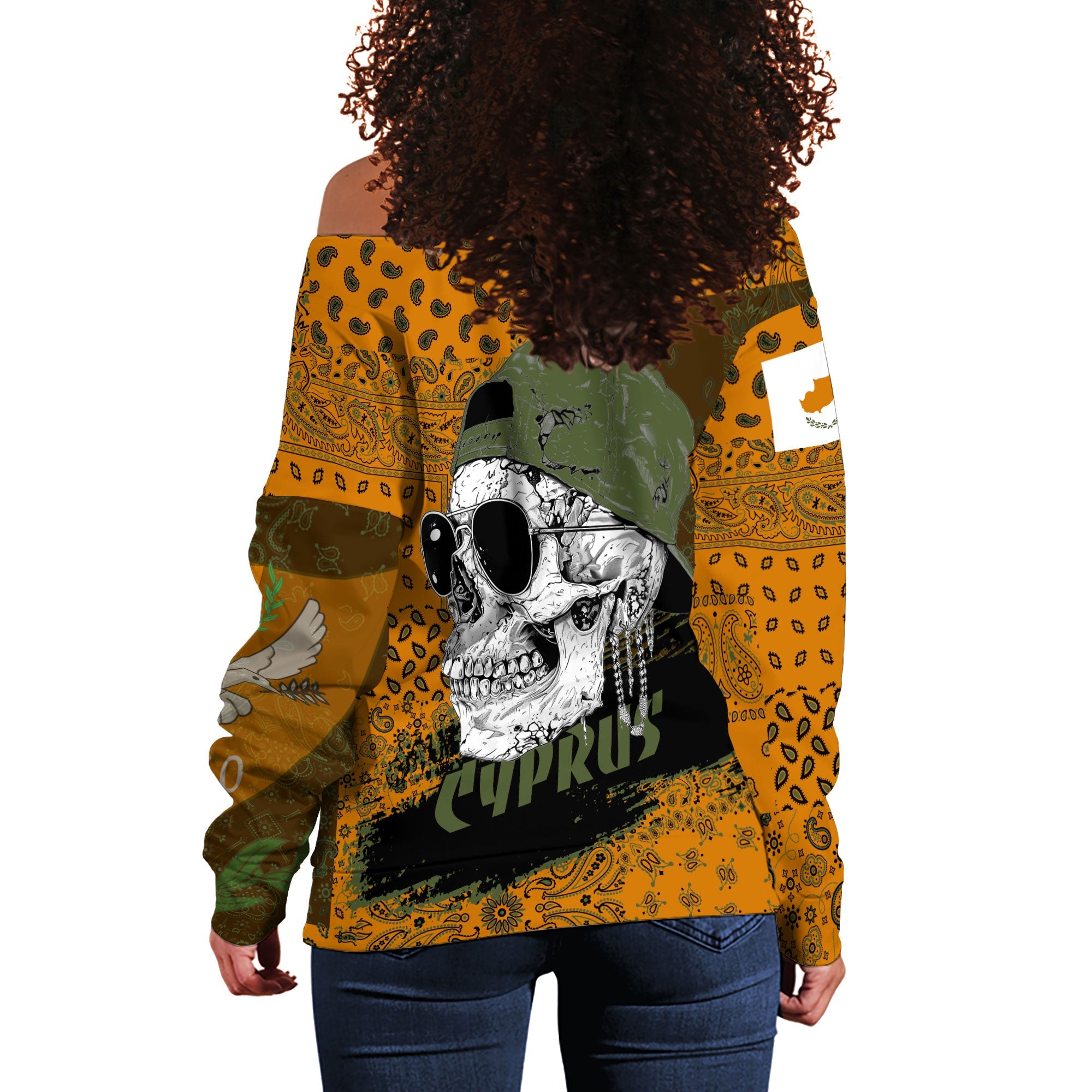 Cyprus Women Off Shoulder Sweatshirt Paisley Flag And Skull Style 3