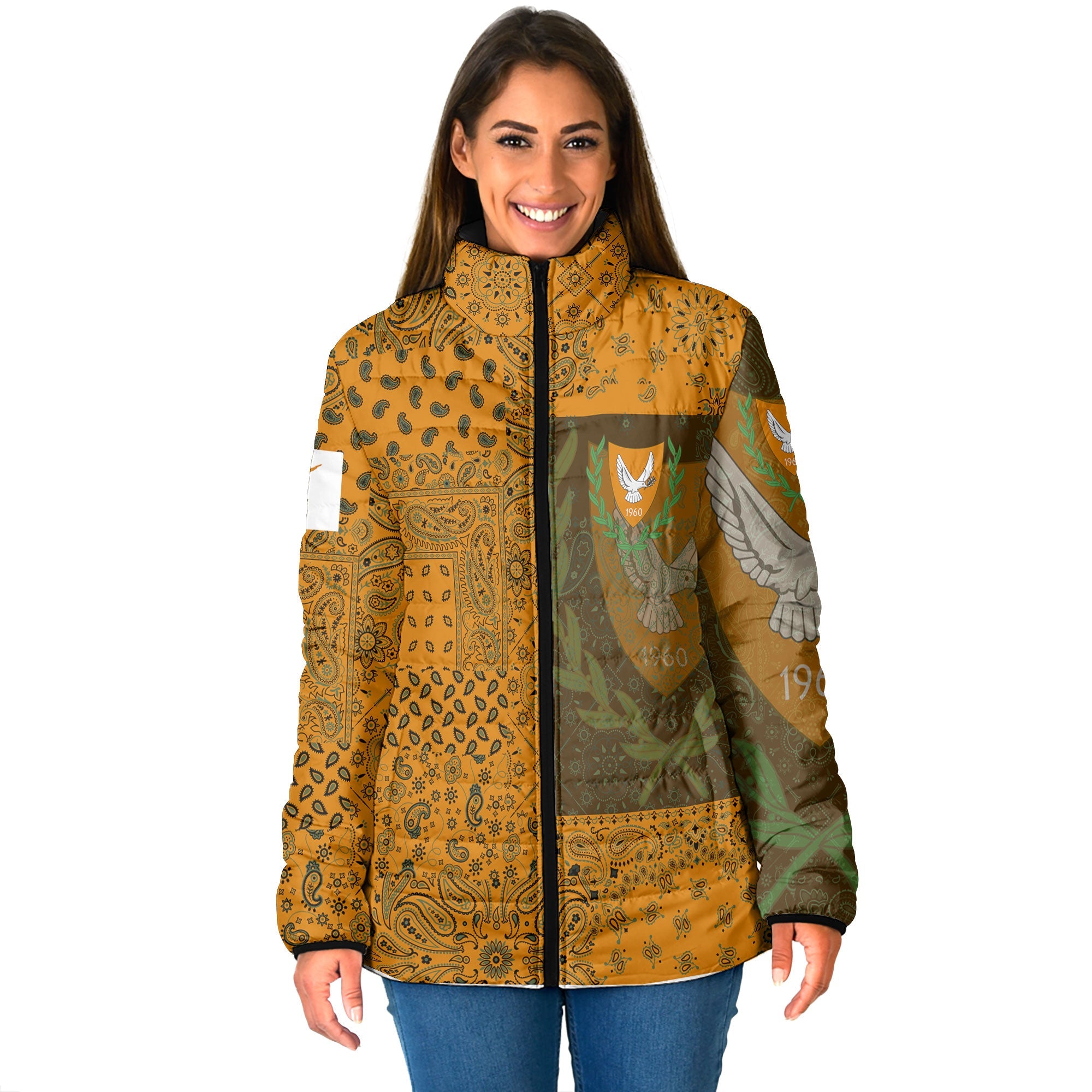 Cyprus Women Padded Jacket Paisley Flag And Skull Style 1