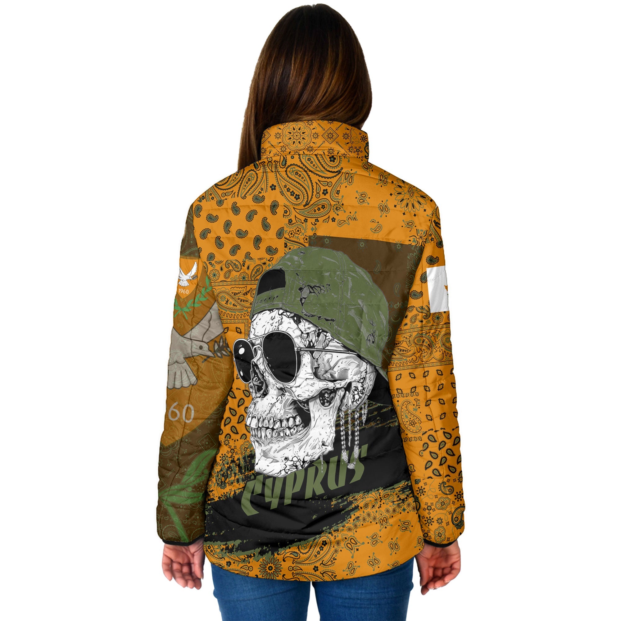 Cyprus Women Padded Jacket Paisley Flag And Skull Style 2