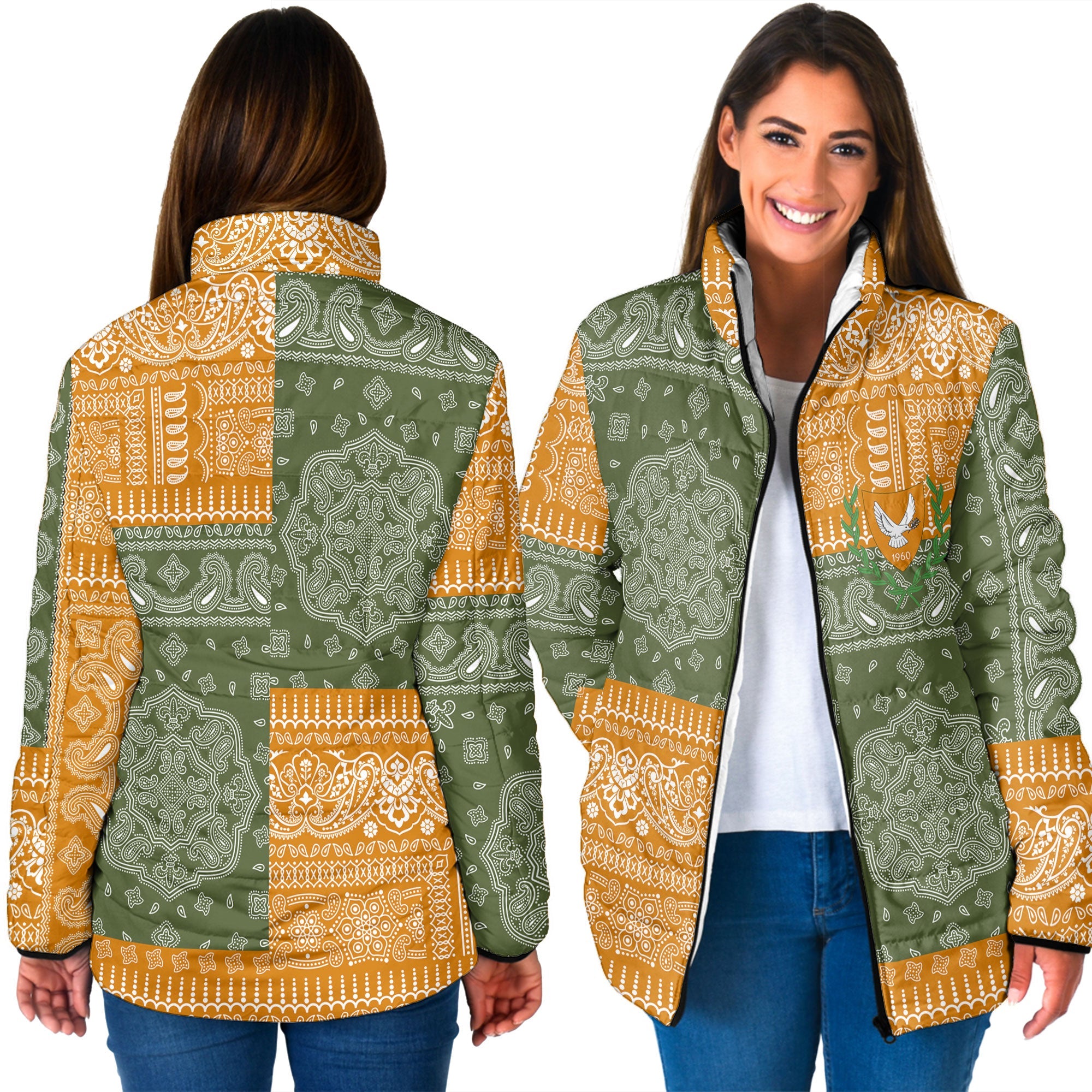 Cyprus Women Padded Jacket Flag And Paisley Basic Style 3