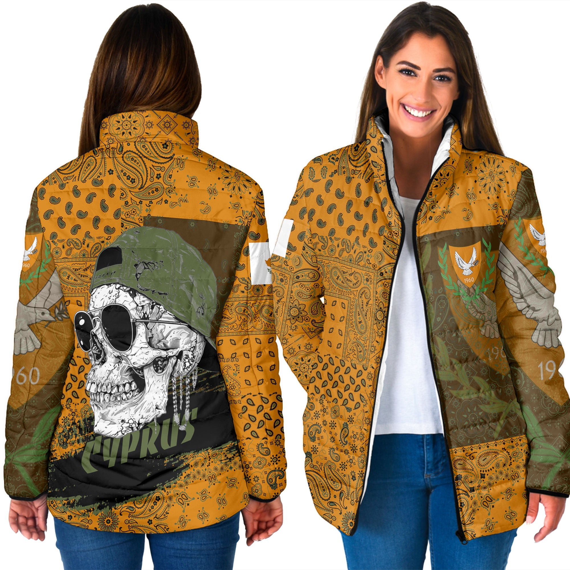 Cyprus Women Padded Jacket Paisley Flag And Skull Style 3