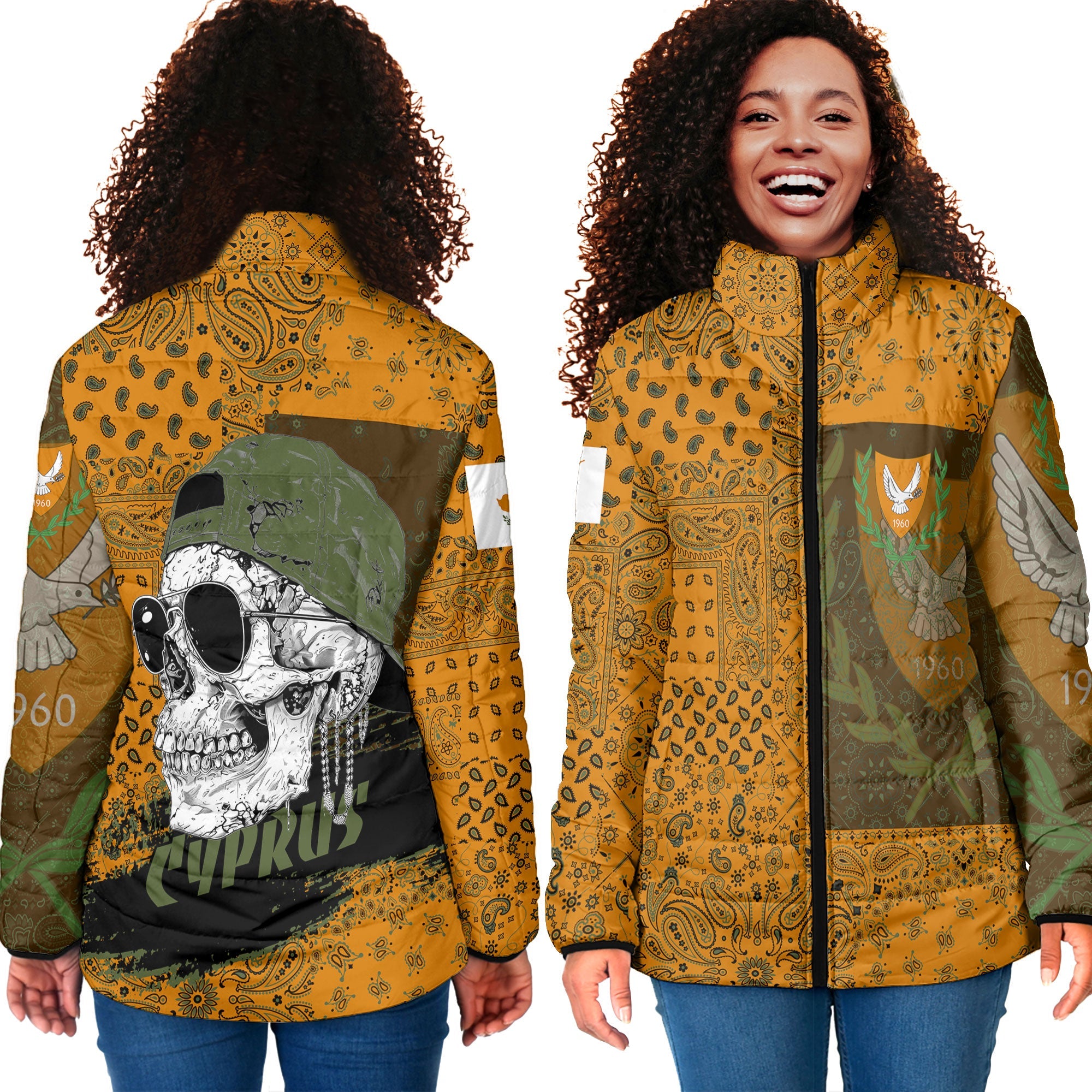 Cyprus Women Padded Jacket Paisley Flag And Skull Style 4