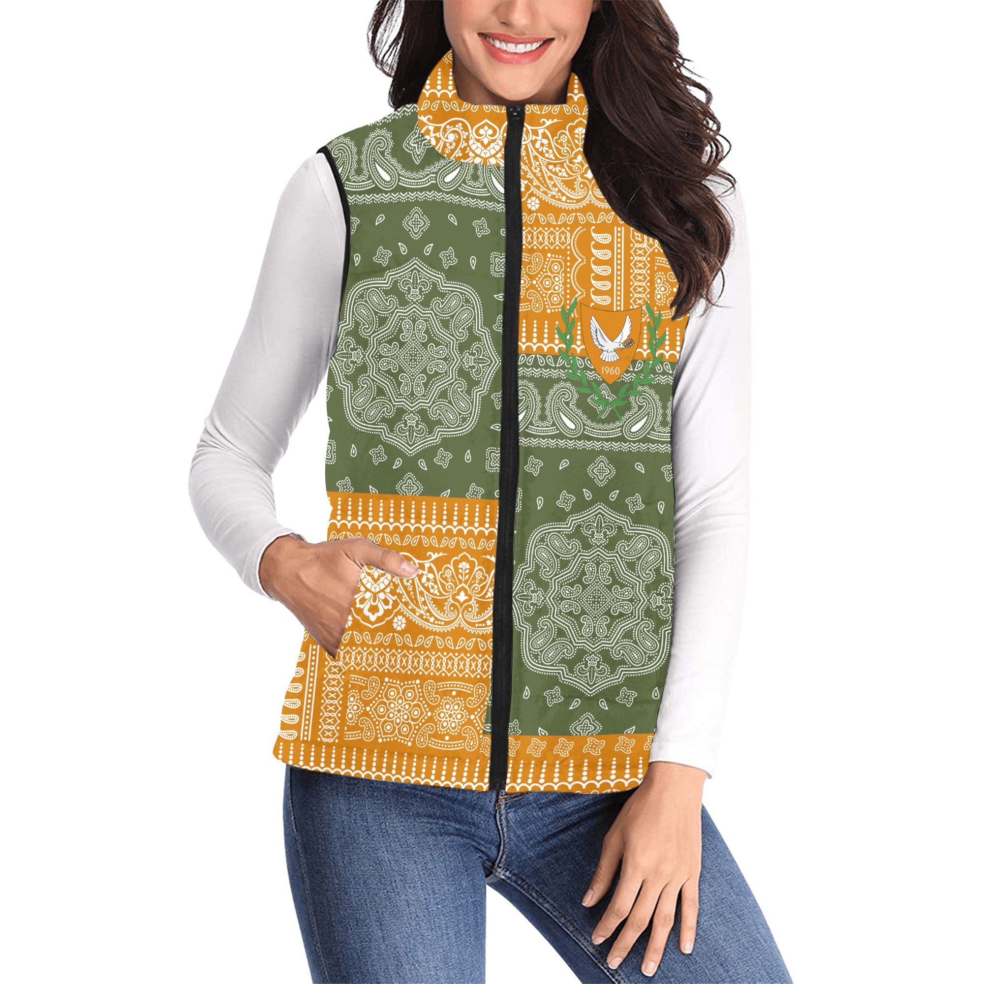 Cyprus Women Padded Jacket Vest Flag And Paisley Basic Style 1