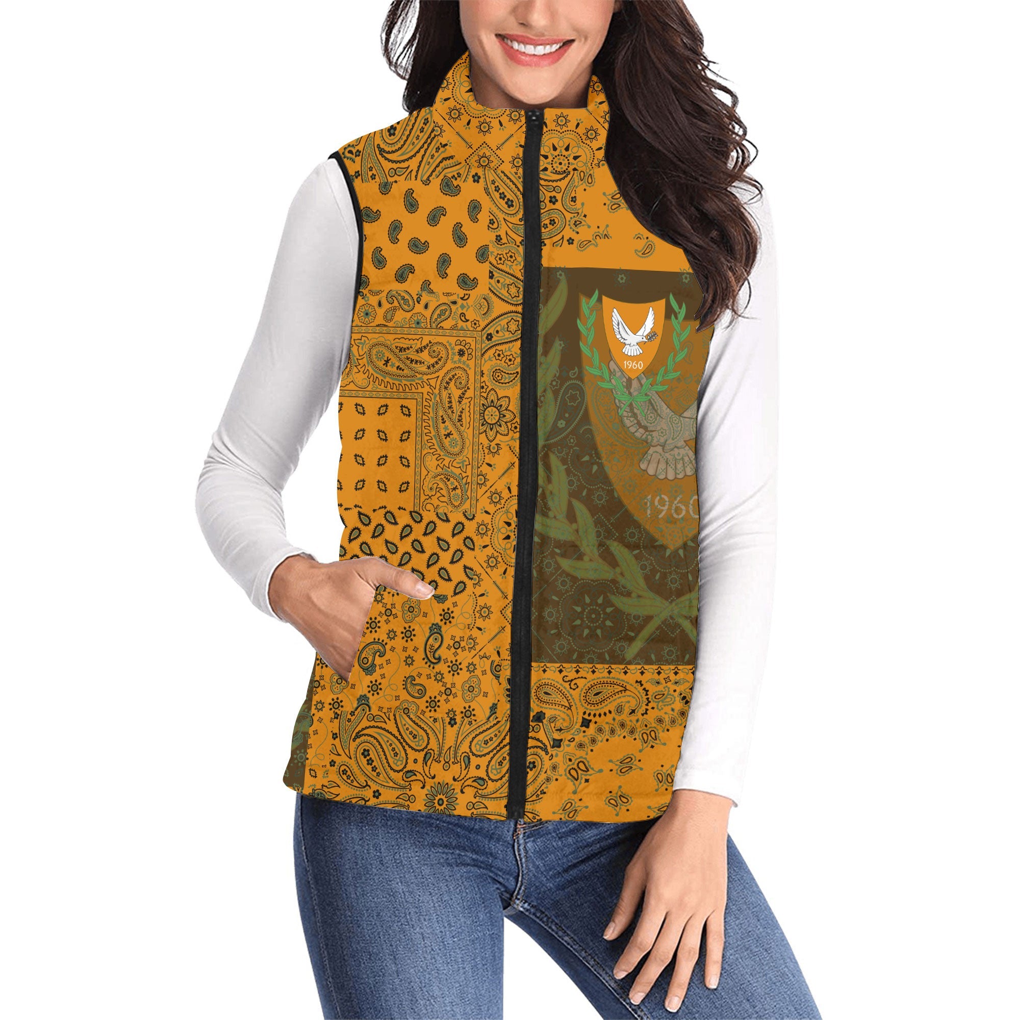 Cyprus Women Padded Jacket Vest Paisley Flag And Skull Style 1