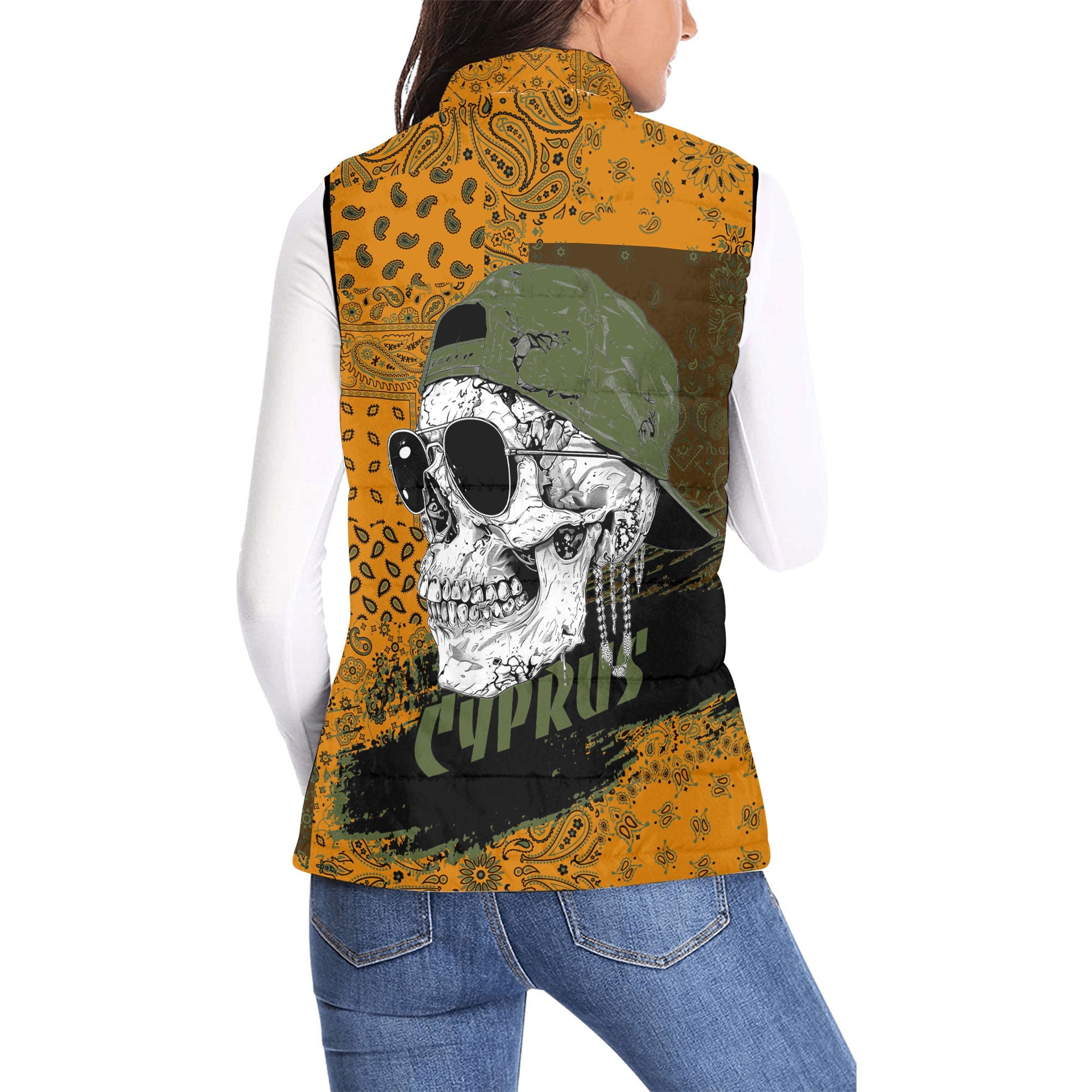 Cyprus Women Padded Jacket Vest Paisley Flag And Skull Style 2