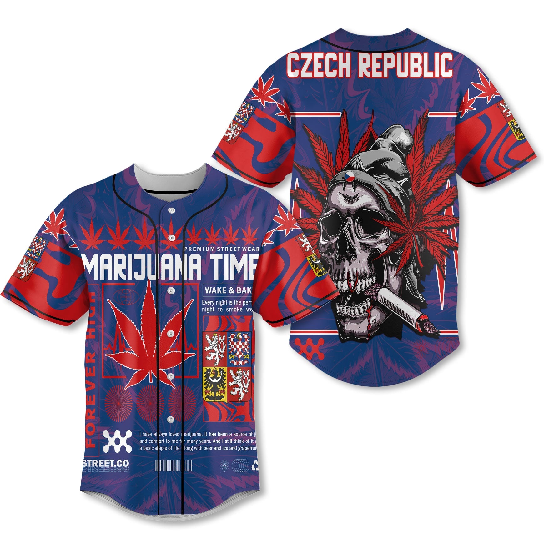 Czech Republic Baseball Jersey Flag & Coat Of Arms Marijuanas Style