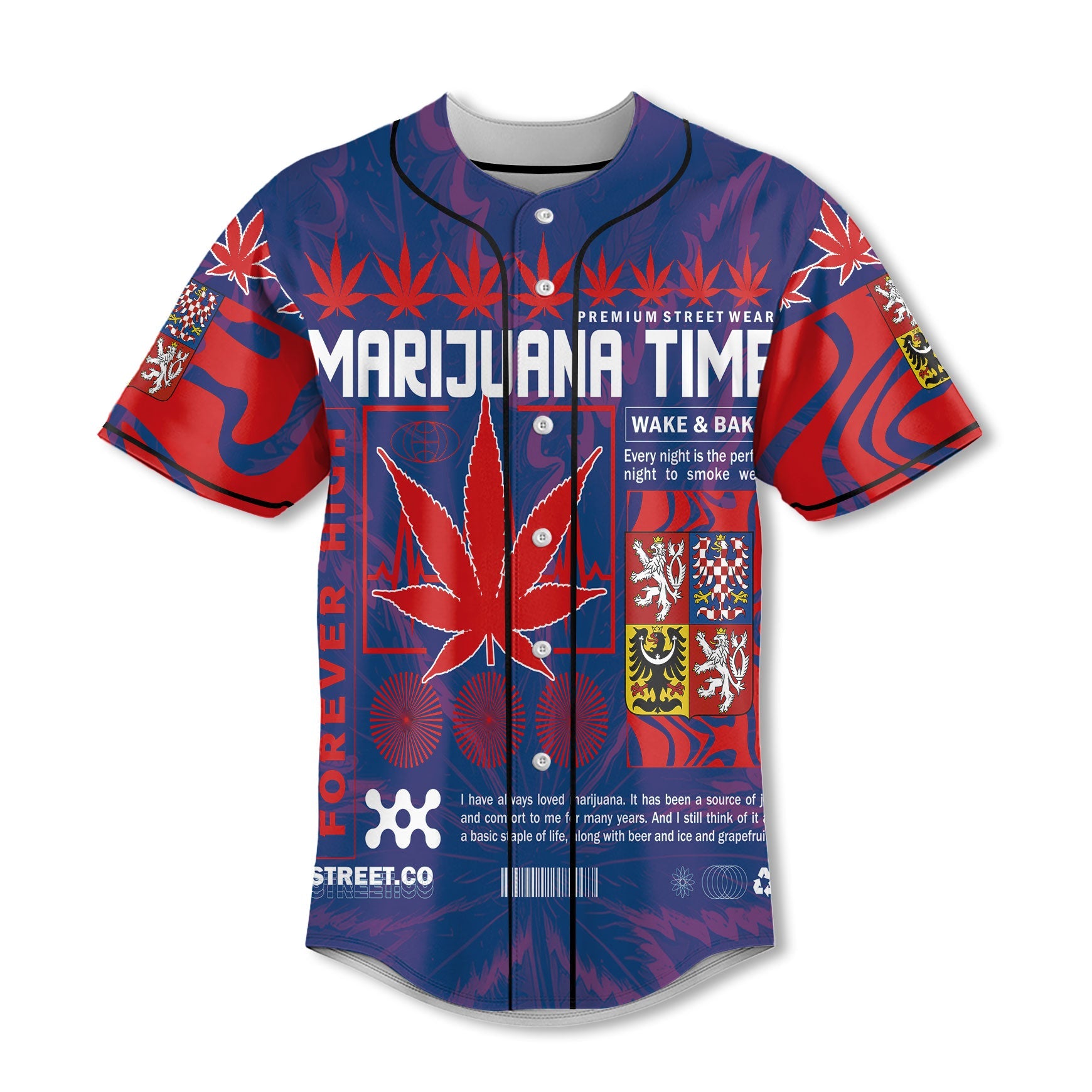 Czech Republic Baseball Jersey Flag & Coat Of Arms Marijuanas Style