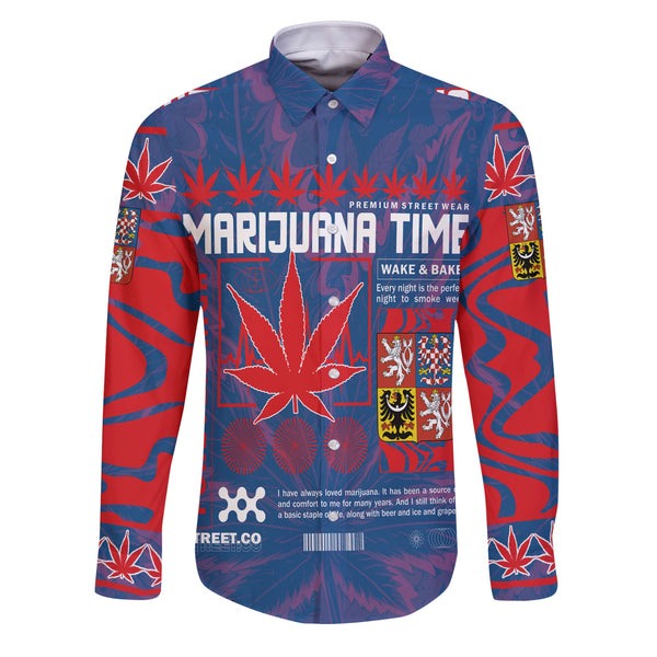 Czech Republic Long Sleeve Button Shirt Flag & Coat Of Arms Marijuanas Style