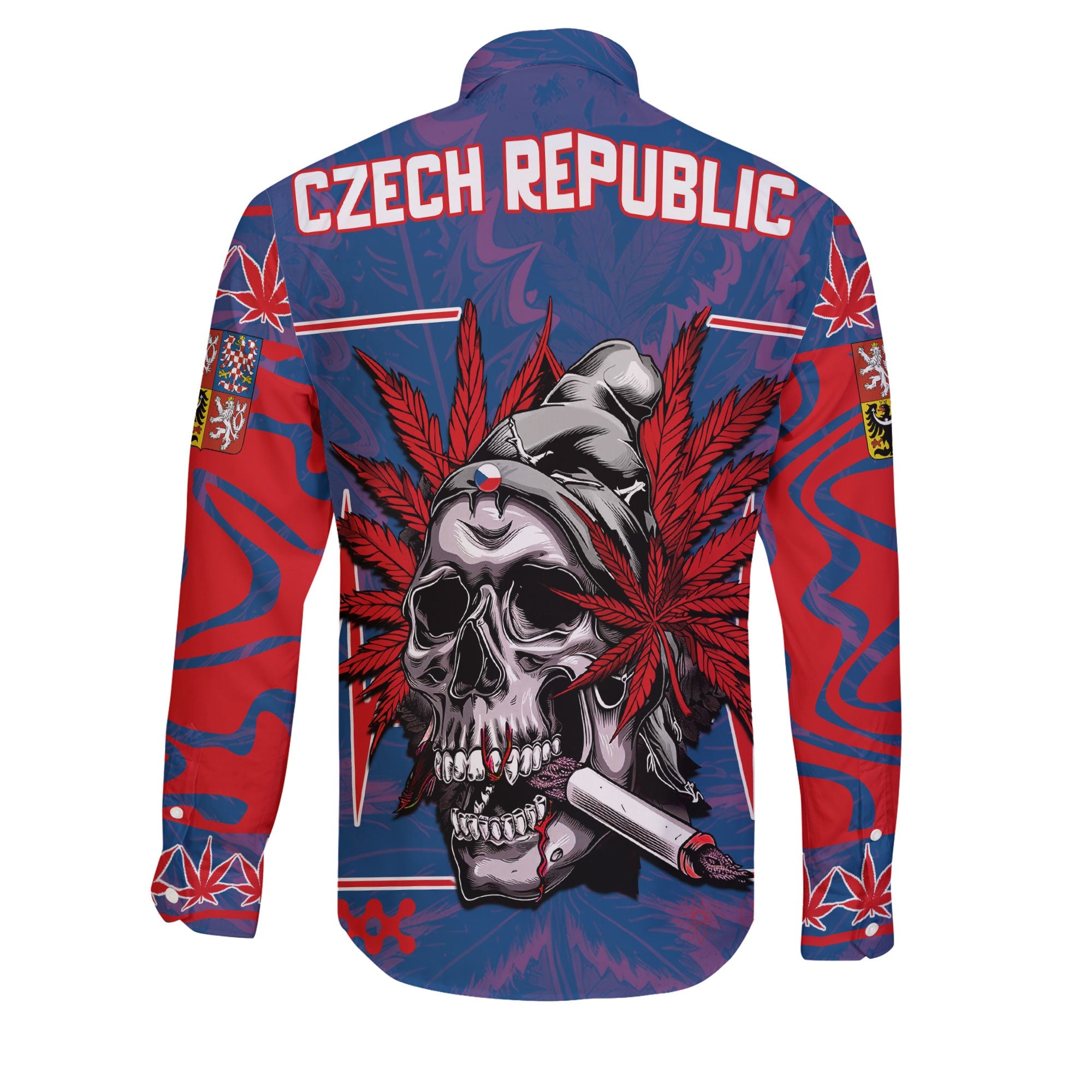 Czech Republic Long Sleeve Button Shirt Flag & Coat Of Arms Marijuanas Style