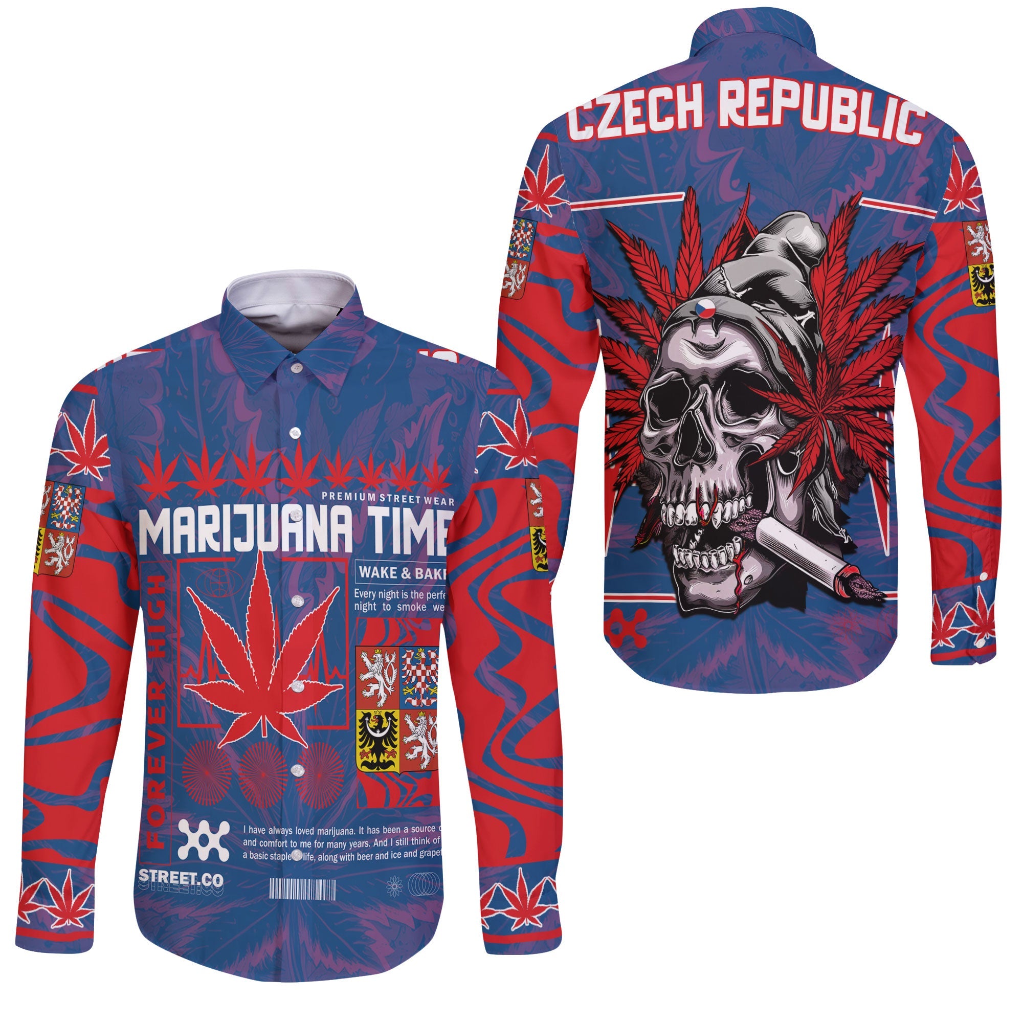 Czech Republic Long Sleeve Button Shirt Flag & Coat Of Arms Marijuanas Style