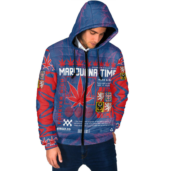 Czech Republic Men Hooded Padded Jacket Flag & Coat Of Arms Marijuanas Style