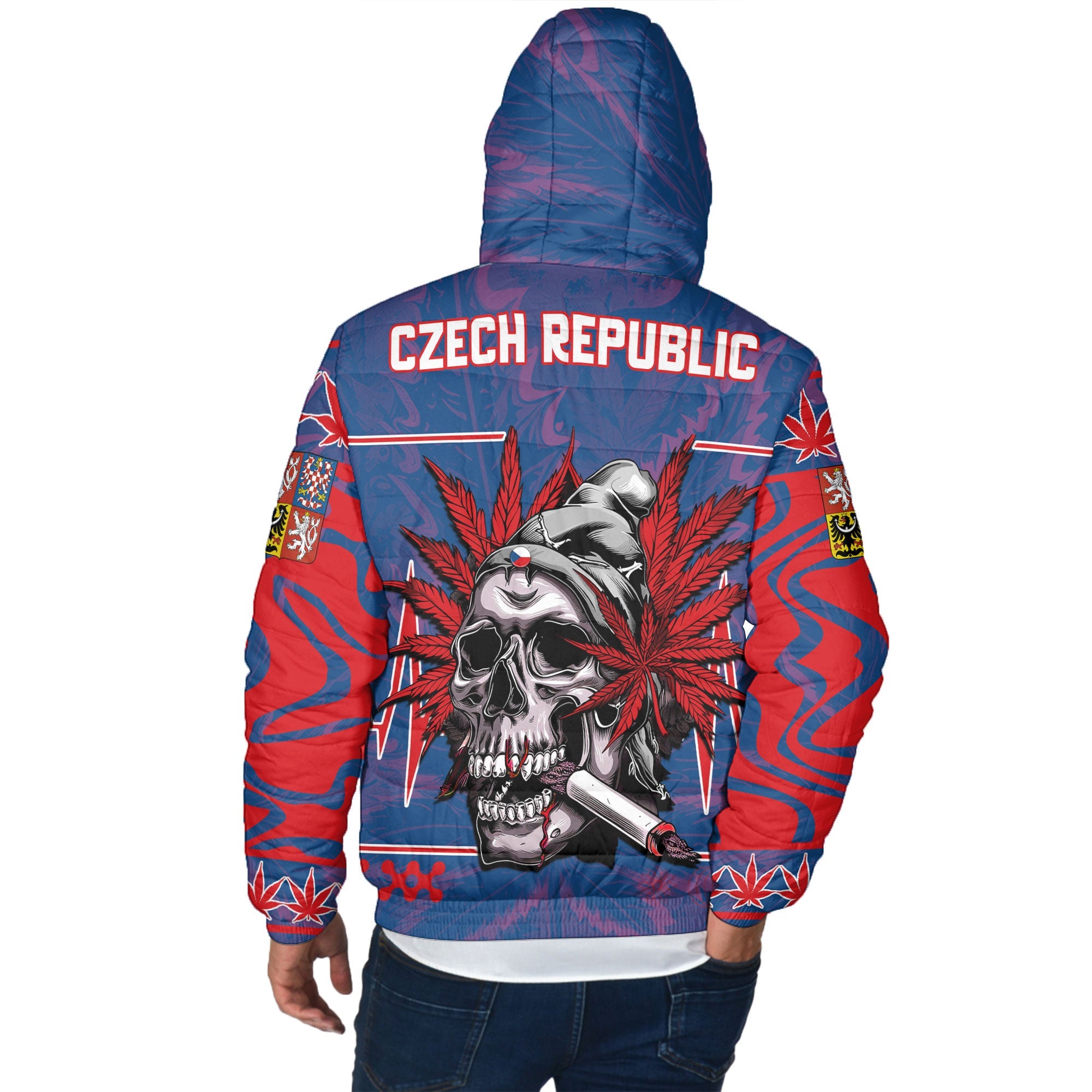 Czech Republic Men Hooded Padded Jacket Flag & Coat Of Arms Marijuanas Style