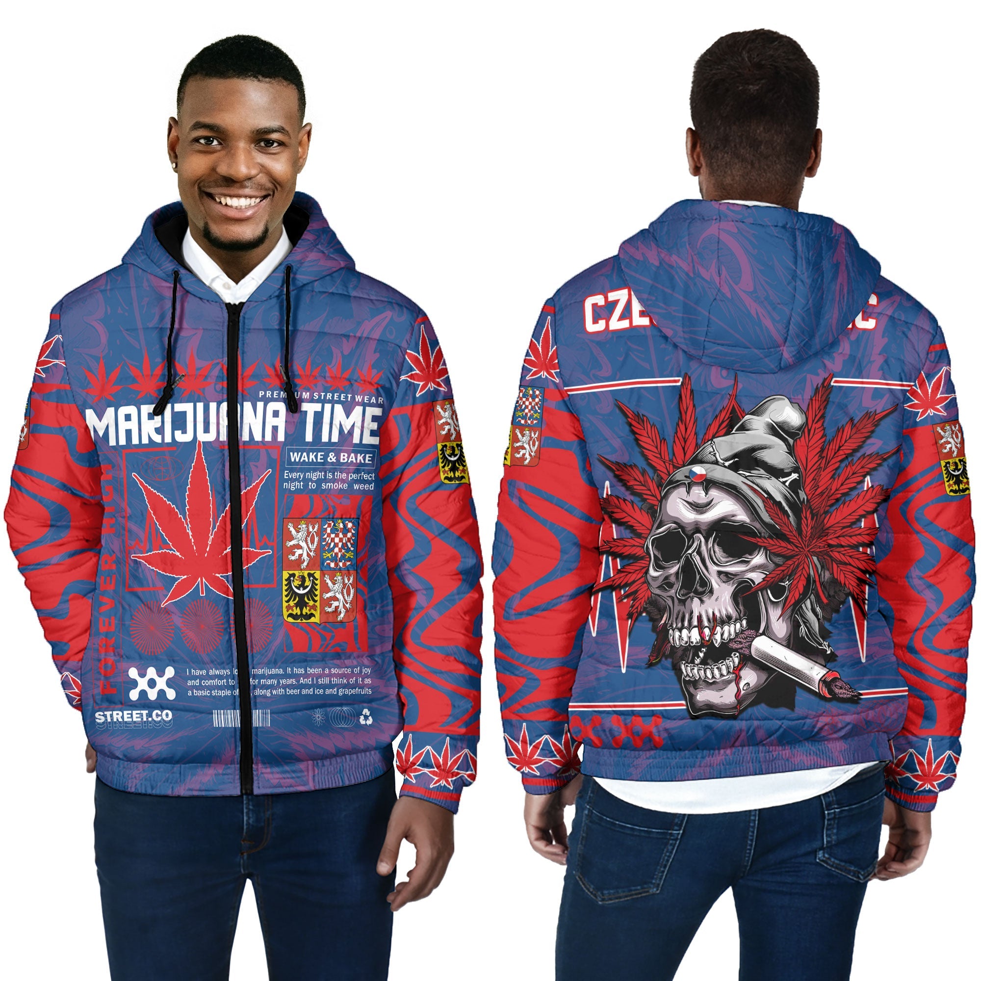 Czech Republic Men Hooded Padded Jacket Flag & Coat Of Arms Marijuanas Style