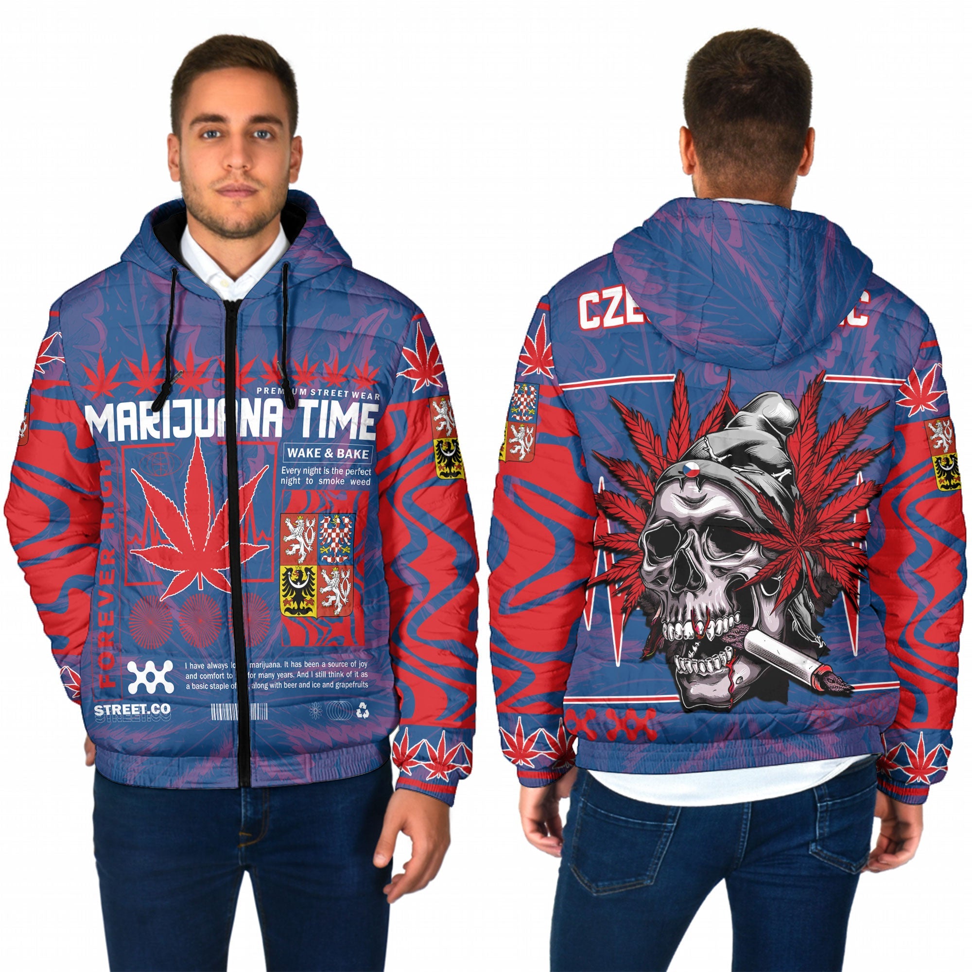 Czech Republic Men Hooded Padded Jacket Flag & Coat Of Arms Marijuanas Style