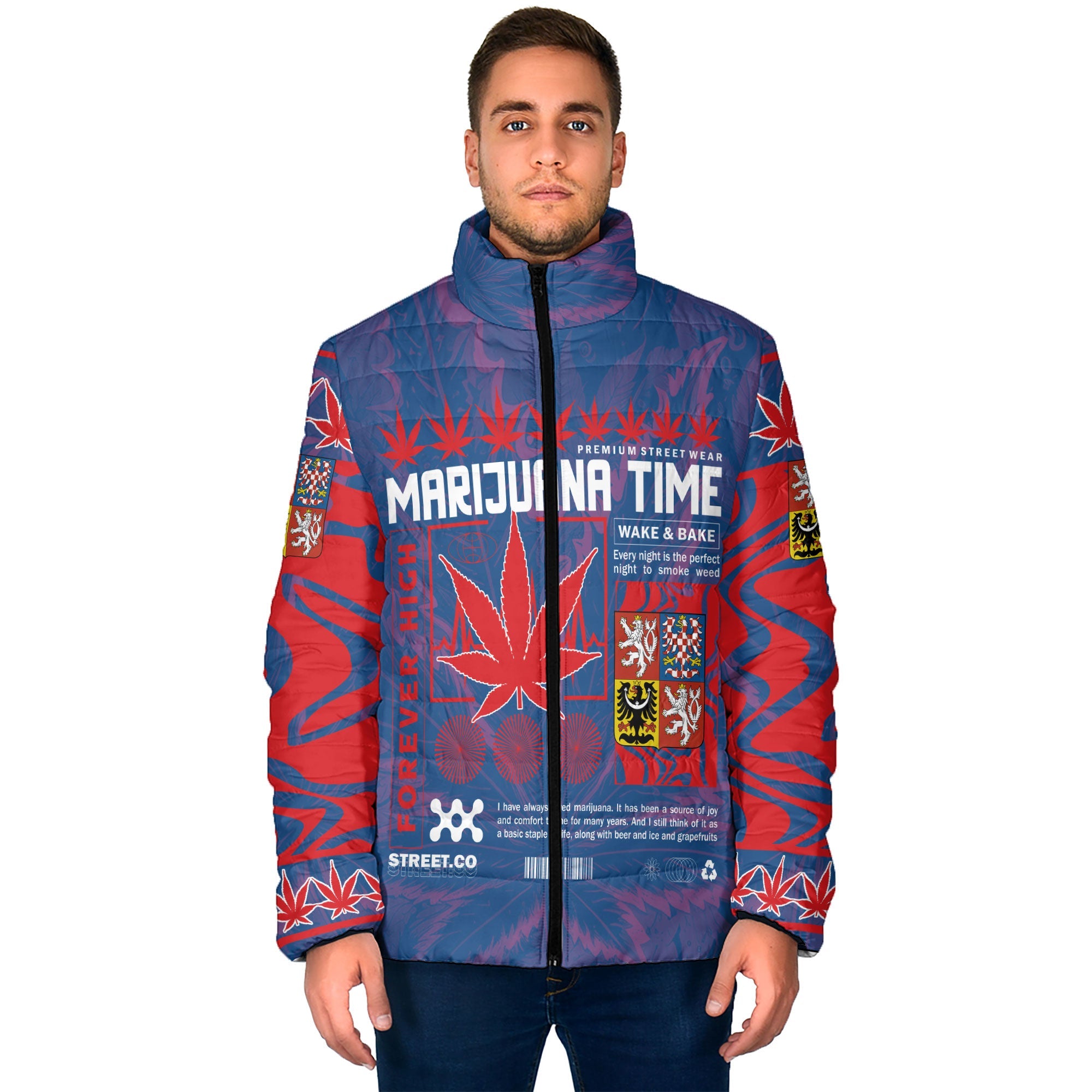 Czech Republic Men Padded Jacket Flag & Coat Of Arms Marijuanas Style