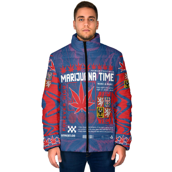 Czech Republic Men Padded Jacket Flag & Coat Of Arms Marijuanas Style