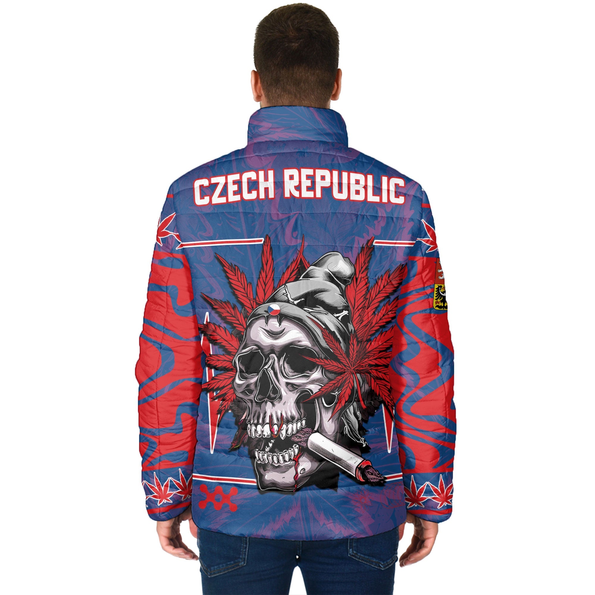 Czech Republic Men Padded Jacket Flag & Coat Of Arms Marijuanas Style