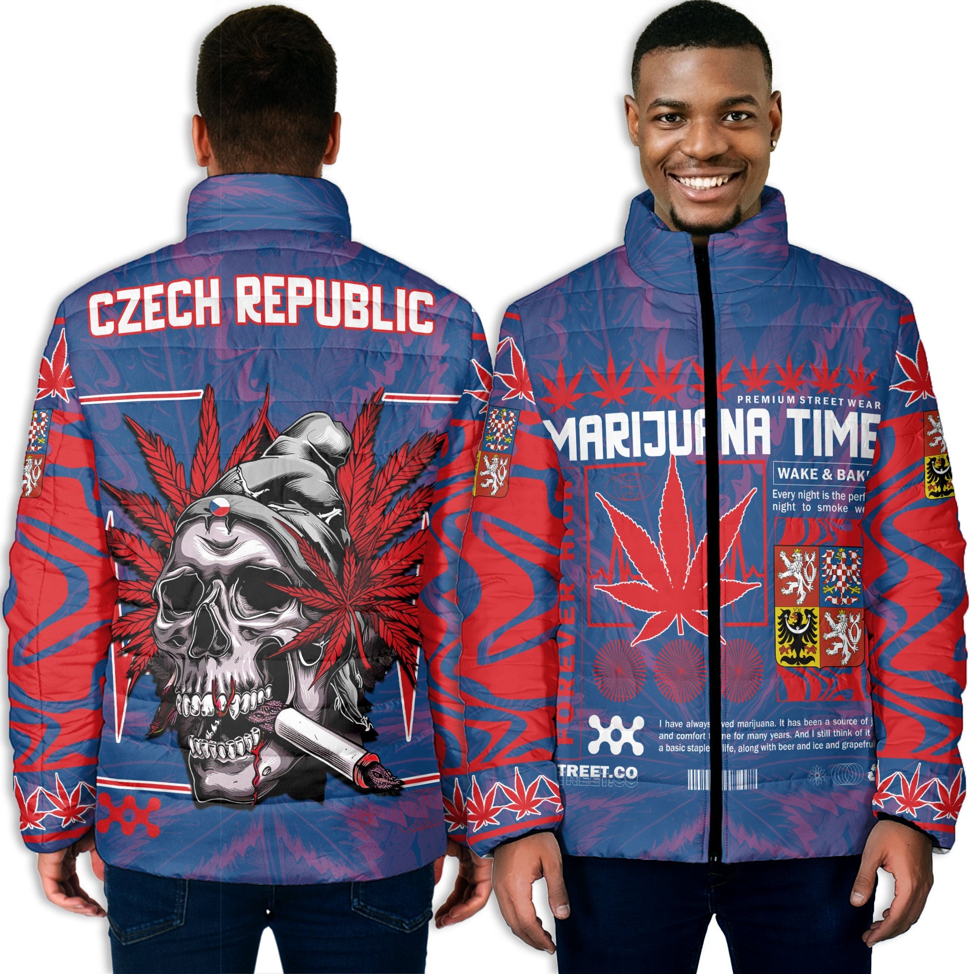 Czech Republic Men Padded Jacket Flag & Coat Of Arms Marijuanas Style