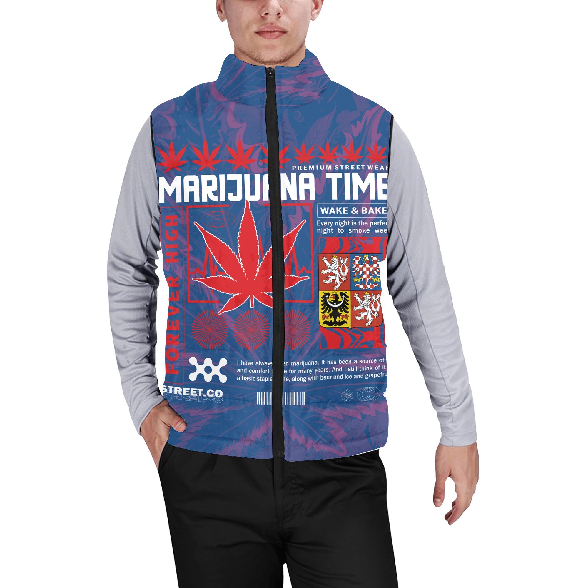 Czech Republic Men Padded Jacket Vest Flag & Coat Of Arms Marijuanas Style