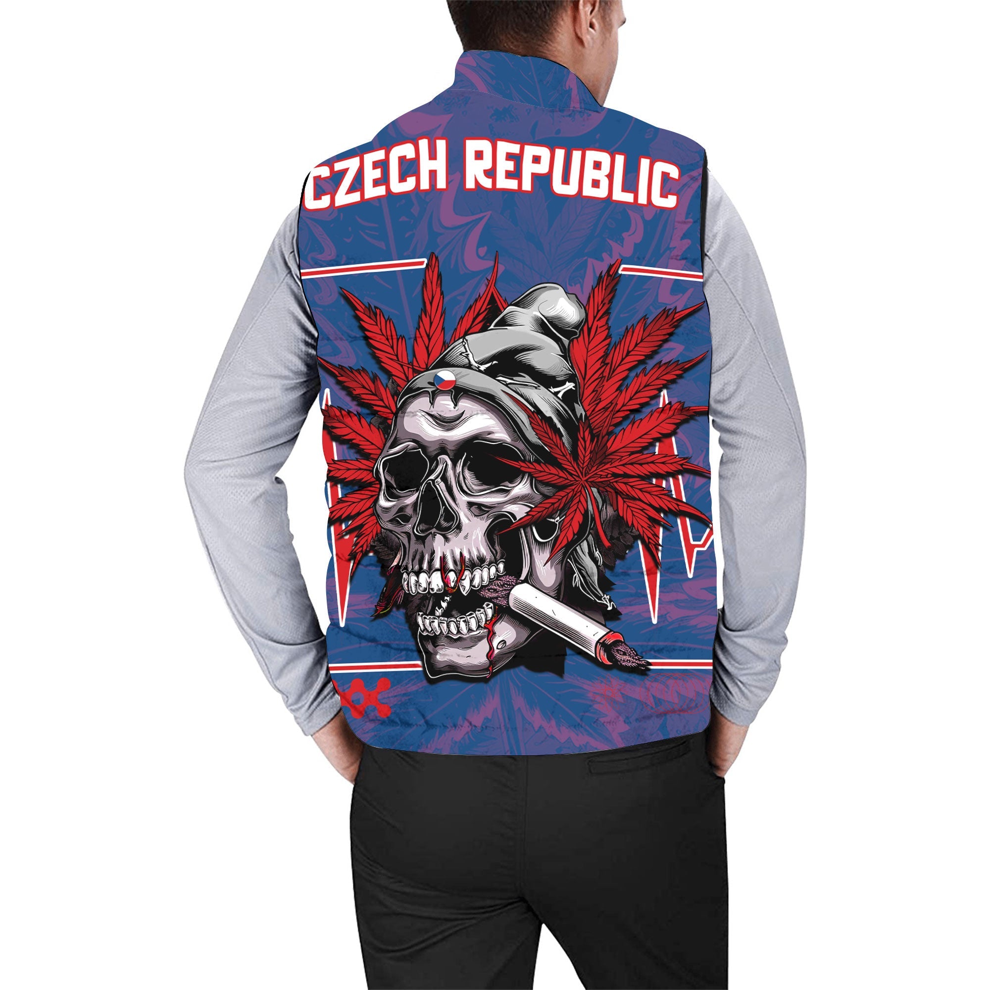 Czech Republic Men Padded Jacket Vest Flag & Coat Of Arms Marijuanas Style