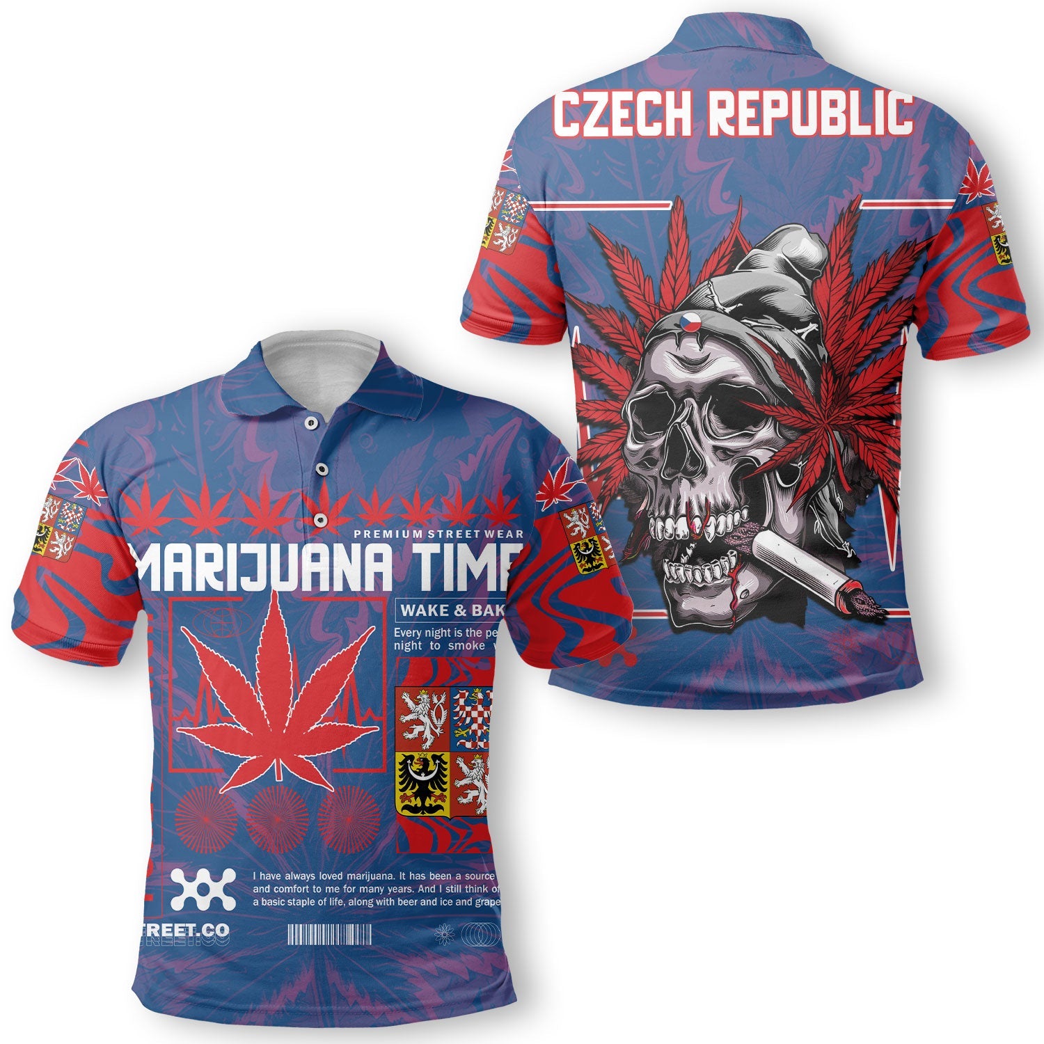 Czech Republic Polo Shirt Flag & Coat Of Arms Marijuanas Style