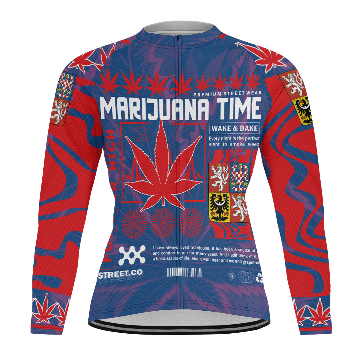 Czech Republic Men's Cycling Jersey Long Sleeve Flag & Coat Of Arms Marijuanas Style