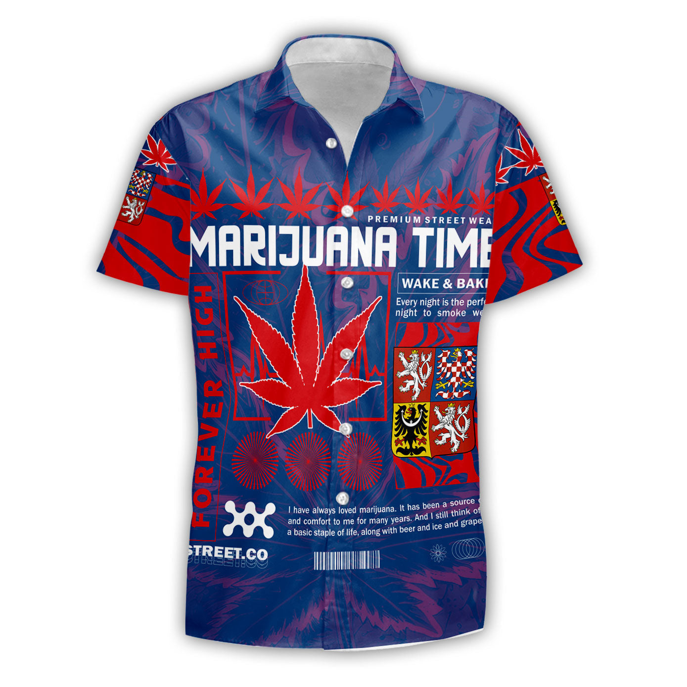 Czech Republic Short Sleeve Shirt Flag & Coat Of Arms Marijuanas Style