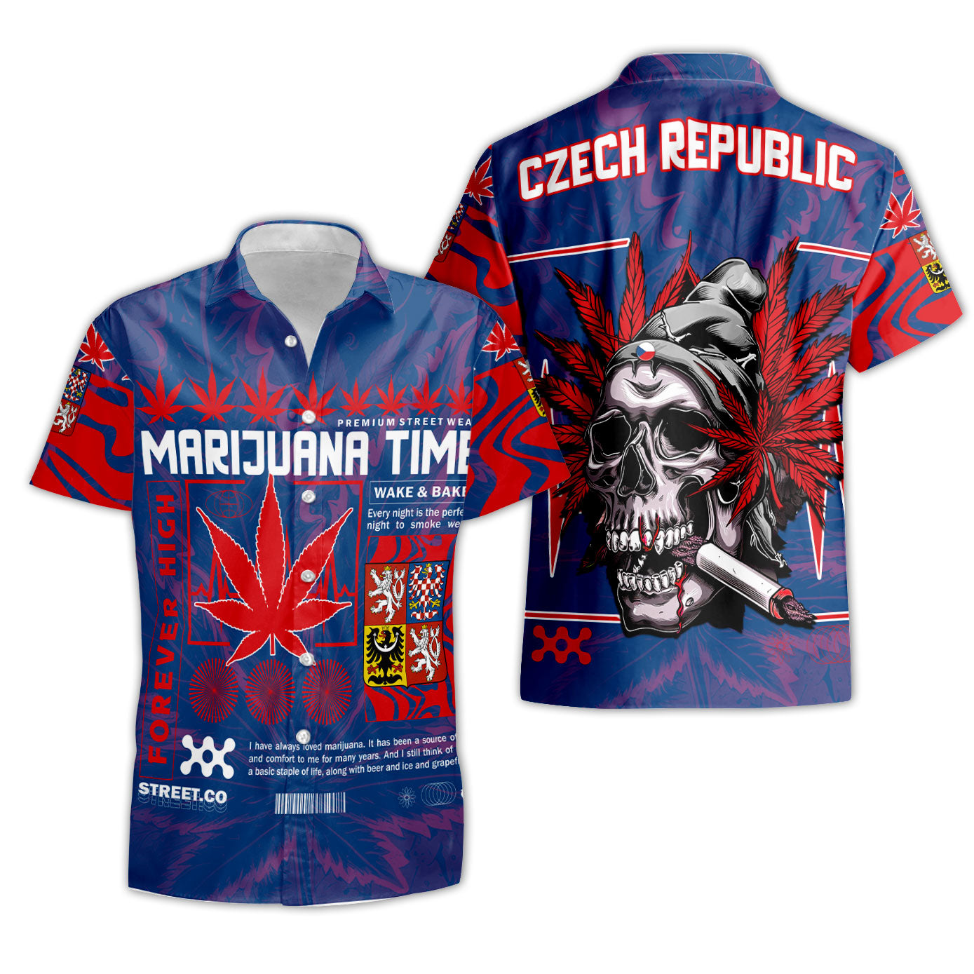 Czech Republic Short Sleeve Shirt Flag & Coat Of Arms Marijuanas Style