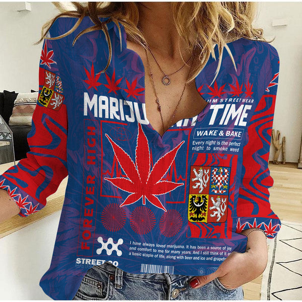 Czech Republic Women Casual Shirt Flag & Coat Of Arms Marijuanas Style