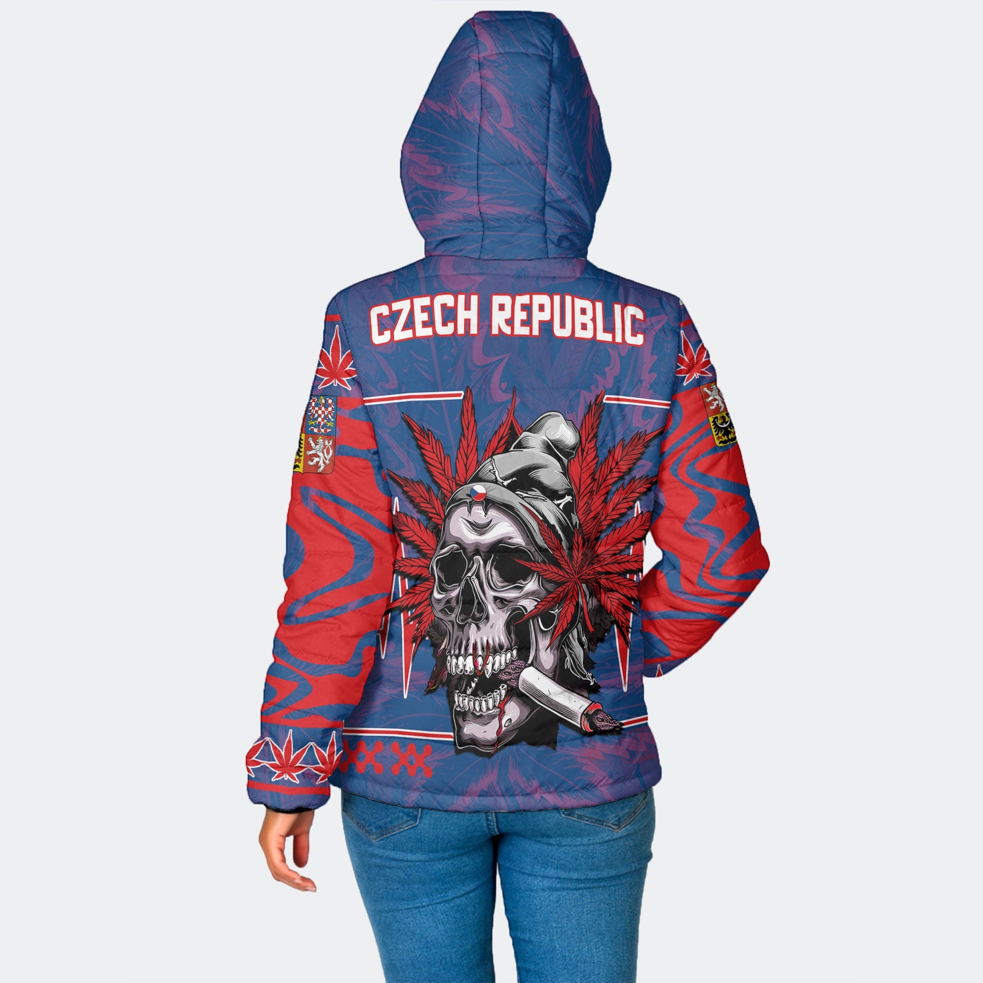 Czech Republic Women Hooded Padded Jacket Flag & Coat Of Arms Marijuanas Style