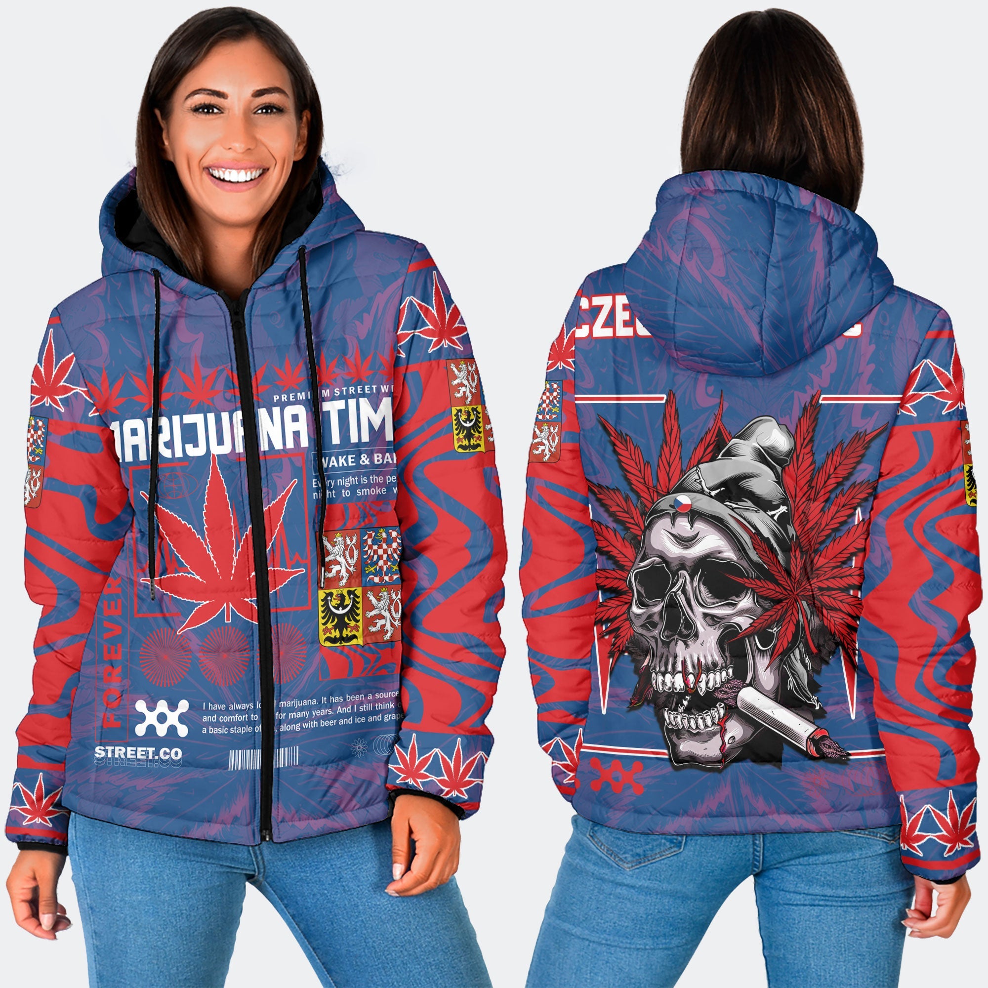 Czech Republic Women Hooded Padded Jacket Flag & Coat Of Arms Marijuanas Style